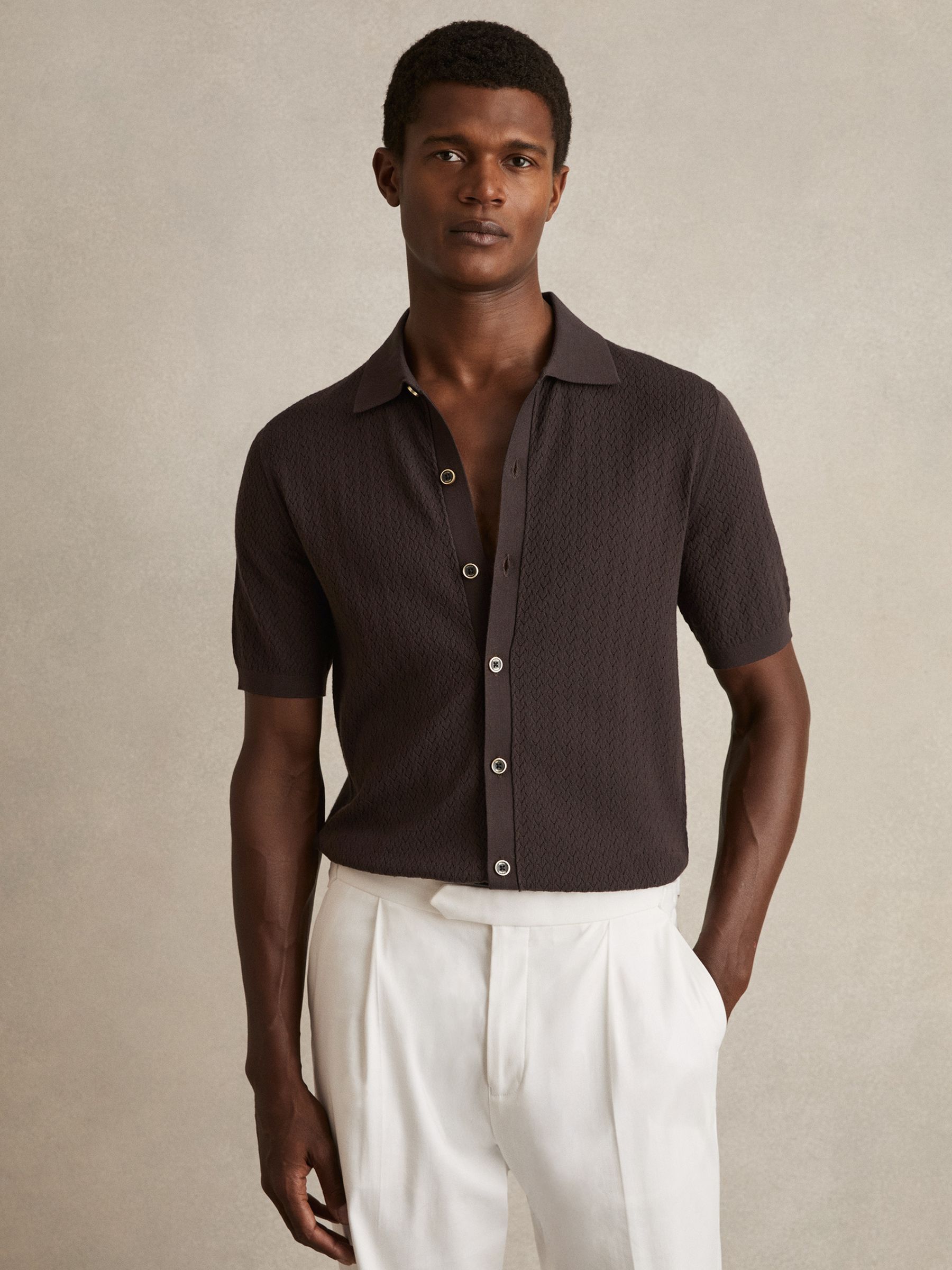 Textured Knit Button-Through Shirt in Chocolate Brown