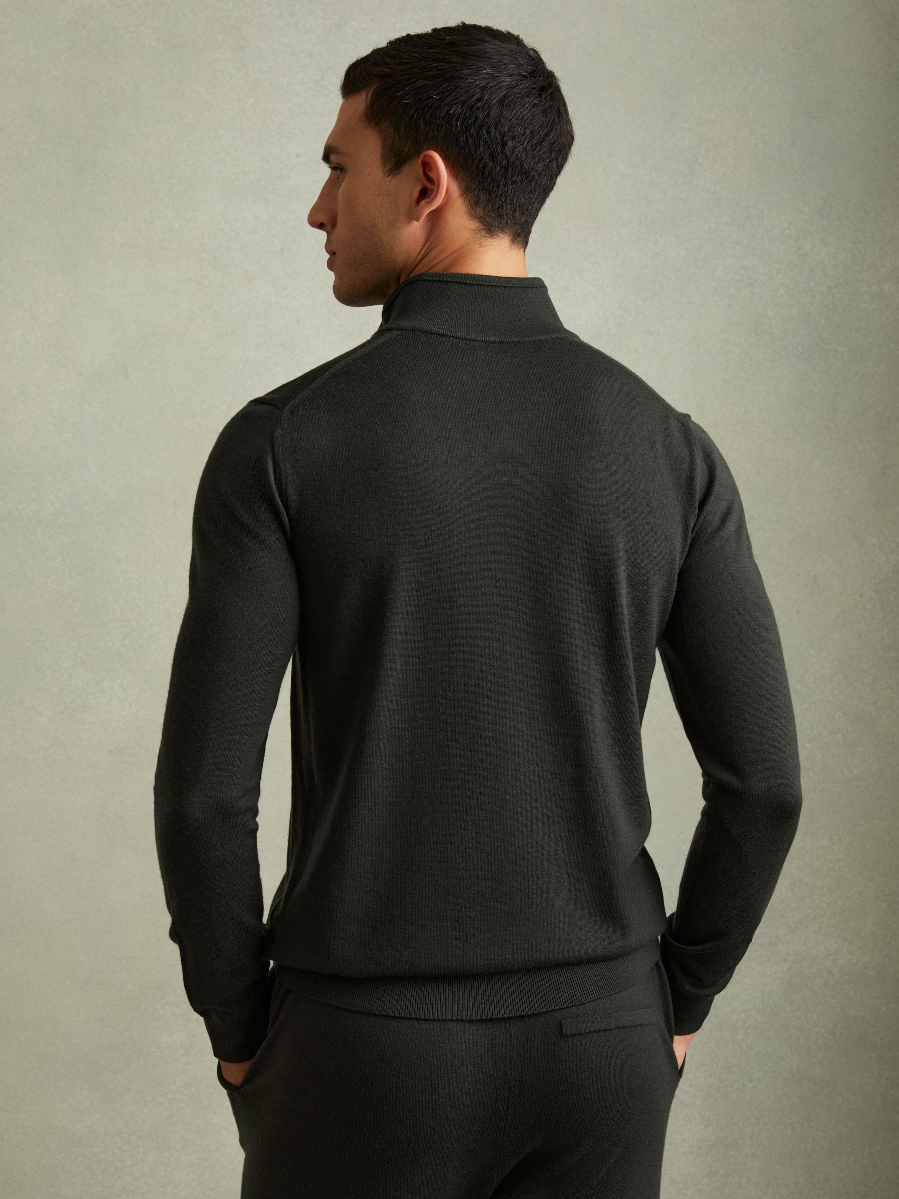 Merino Wool Half-Zip Funnel Neck Jumper in Dark Military Green