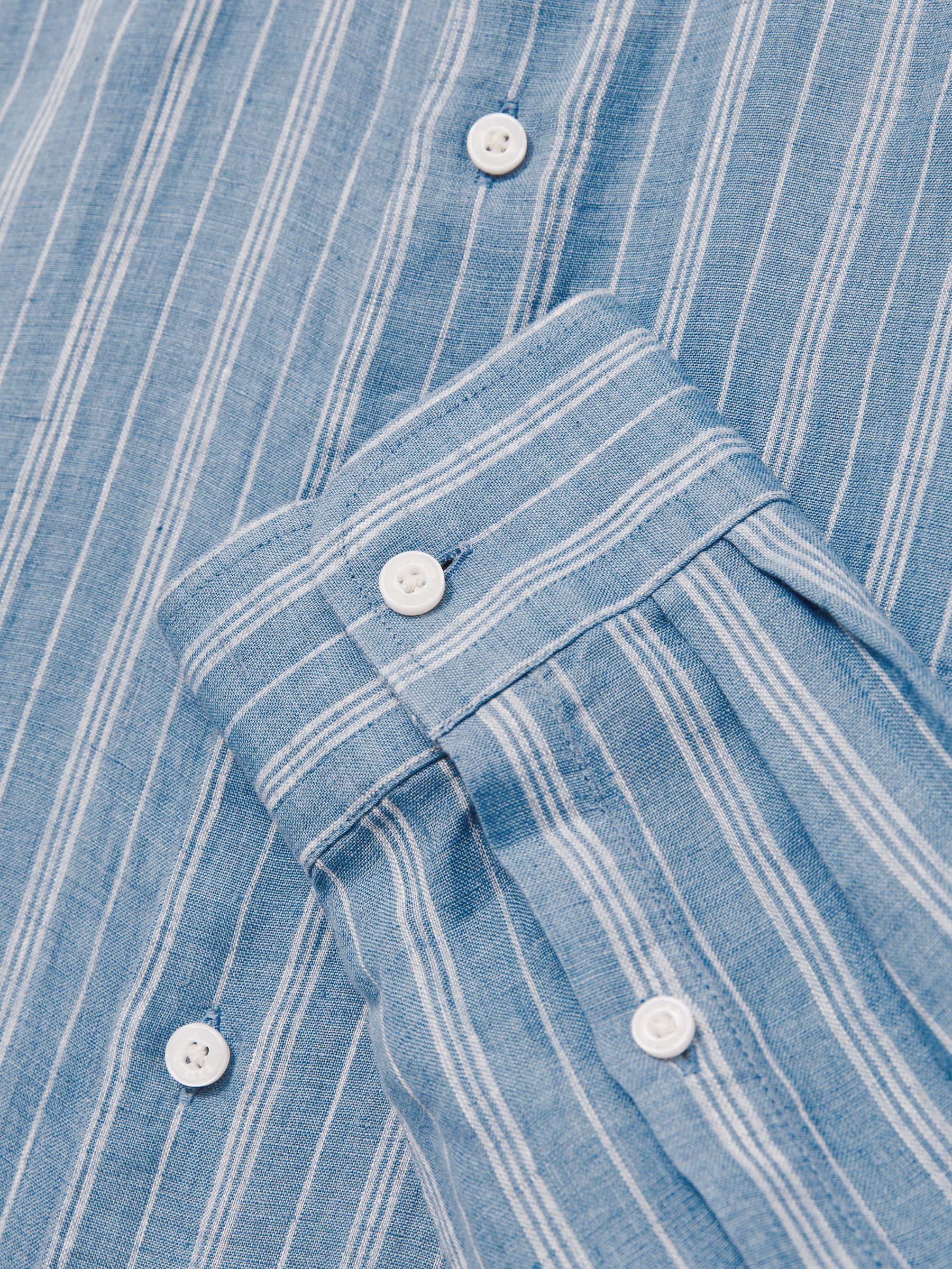Linen Striped Long Sleeve Shirt in Airforce Blue/White Bengal Stripe