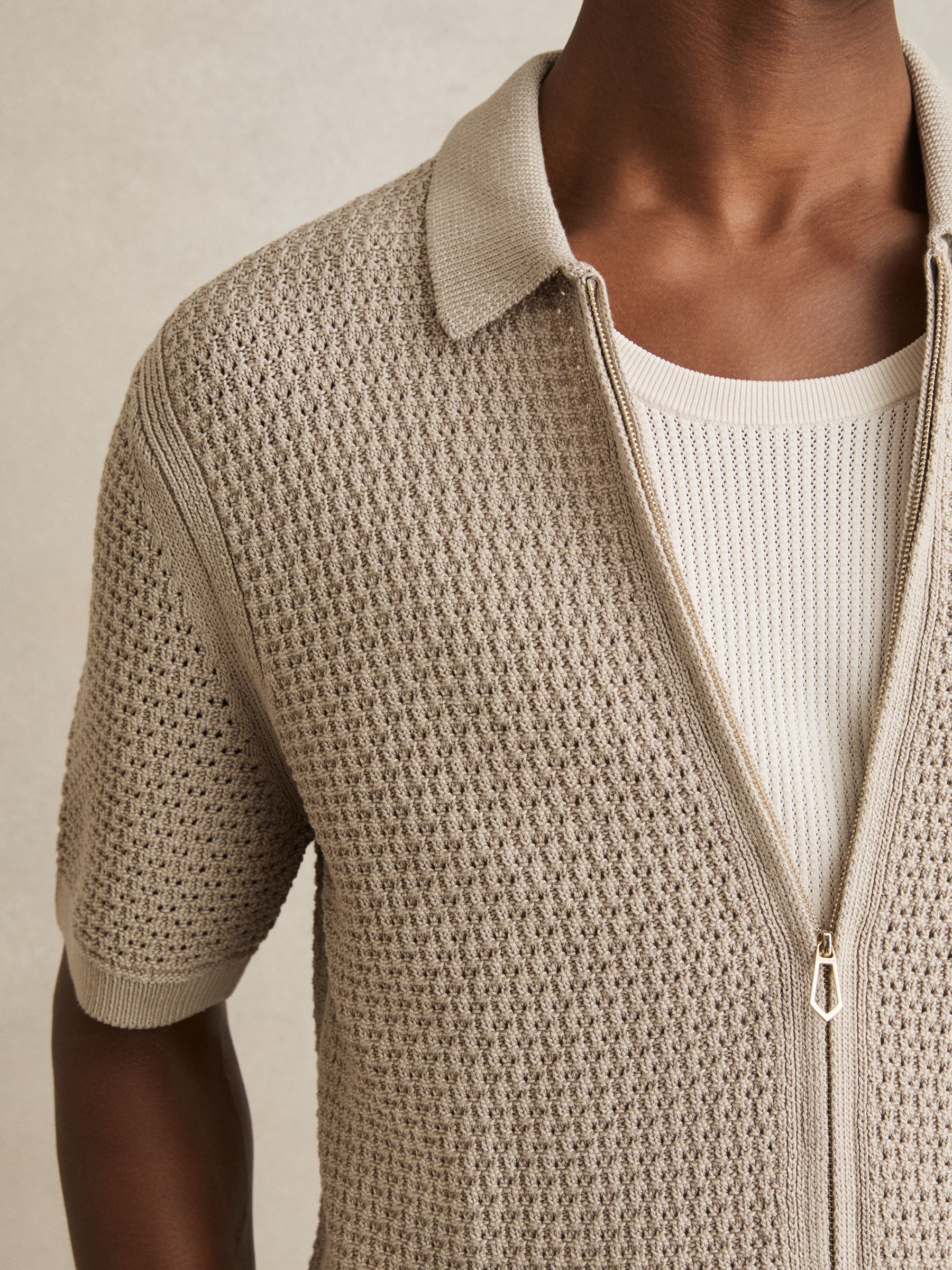 Textured-Knit Zip-Through Shirt in Stone