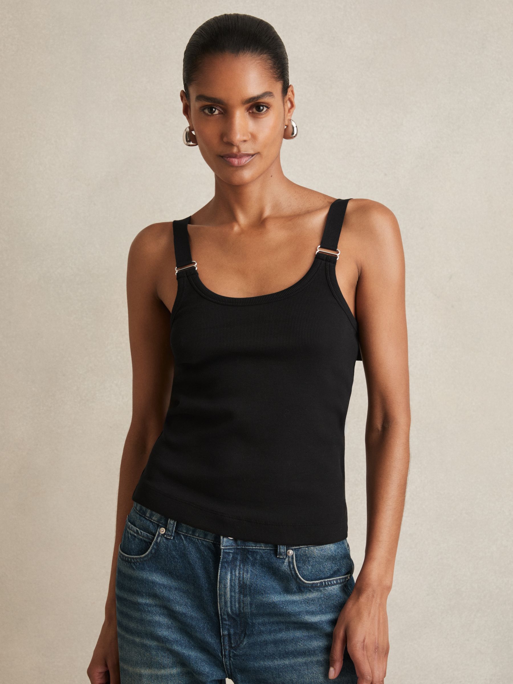 Stretch-Cotton D-Ring Strap Vest in Black