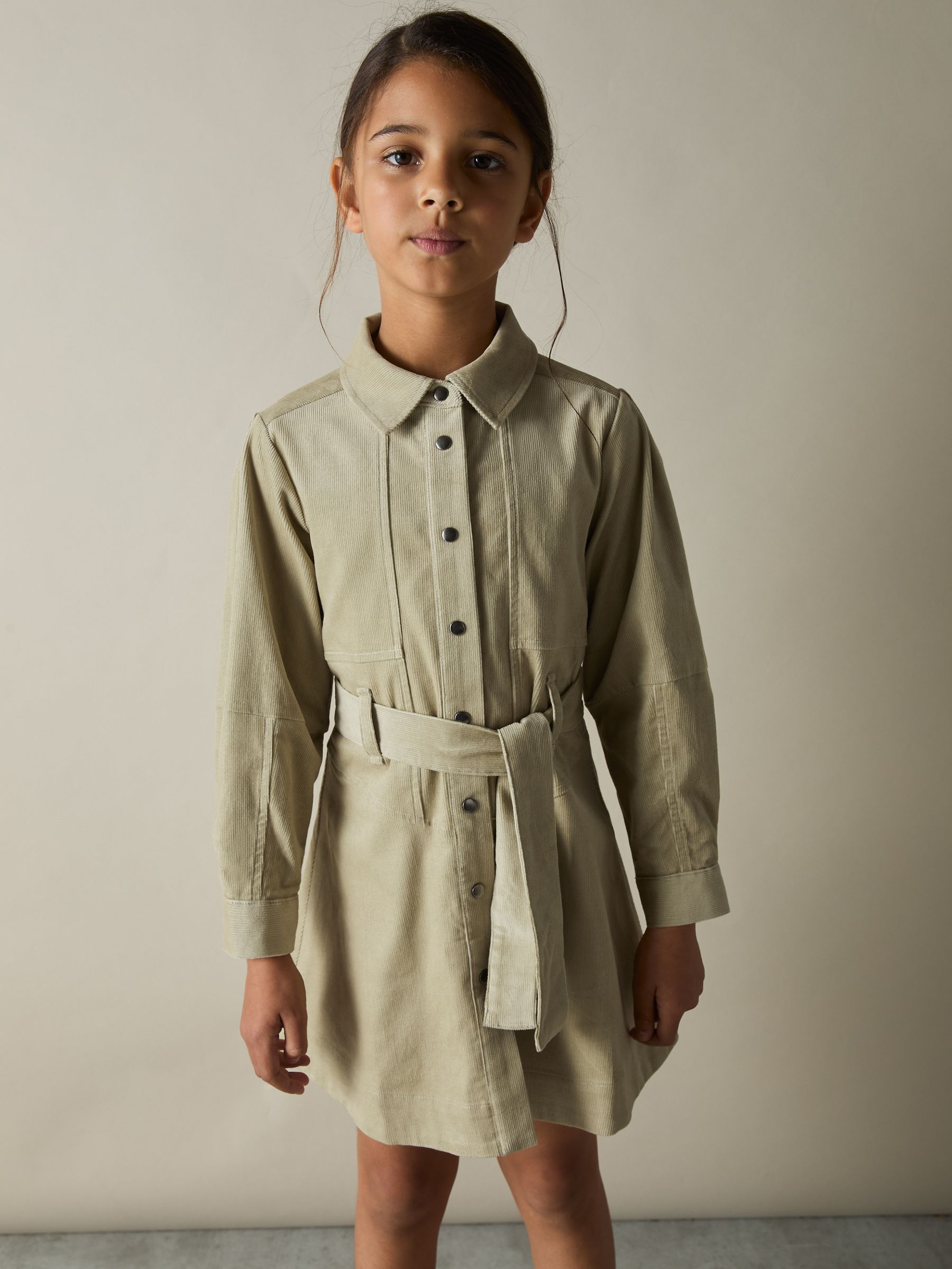 9-13 yrs Corduroy Belted Long-Sleeve Dress in Camel
