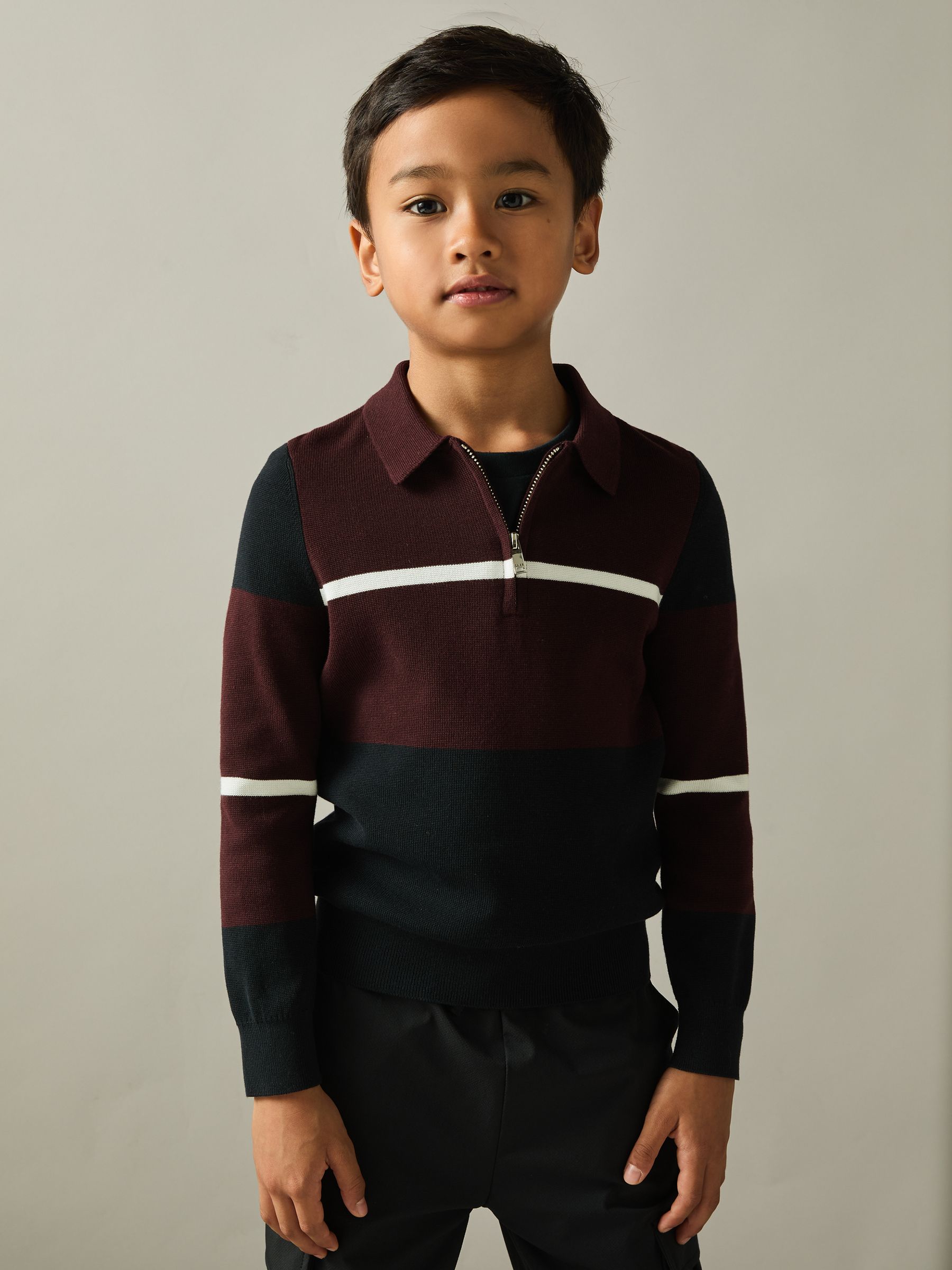 9-13 yrs Colour-Block Half-Zip Polo Shirt in Navy/Bordeaux/White