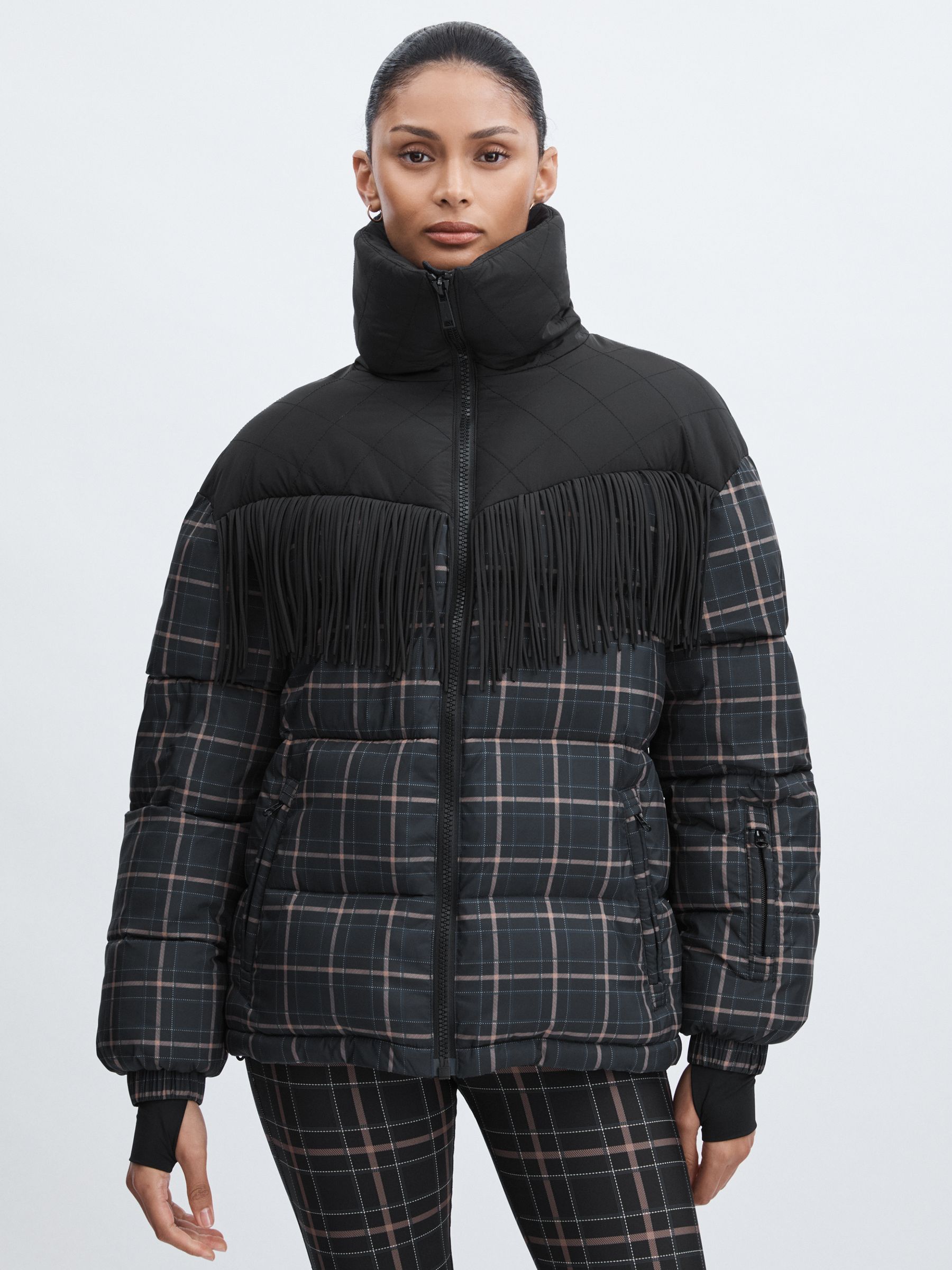 The Upside Fringed Check Puffer Coat in Black Check