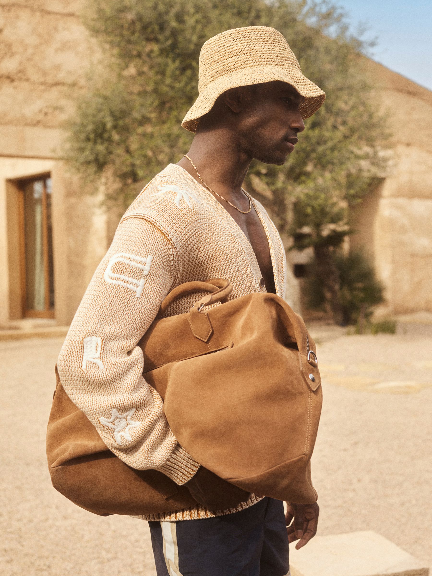 Reiss | Ché Motif-Embroidered Cardigan in Camel