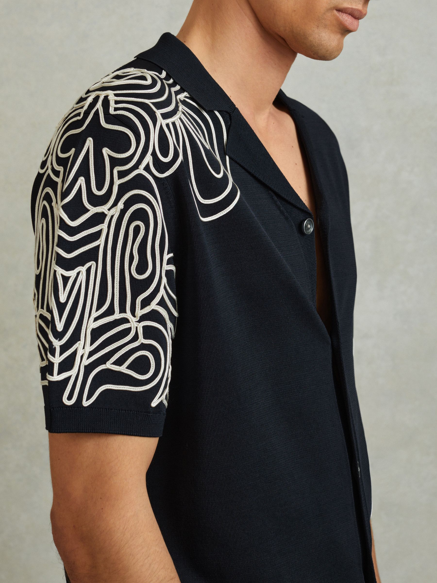 Jersey Embroidered Cuban Collar Shirt in Navy