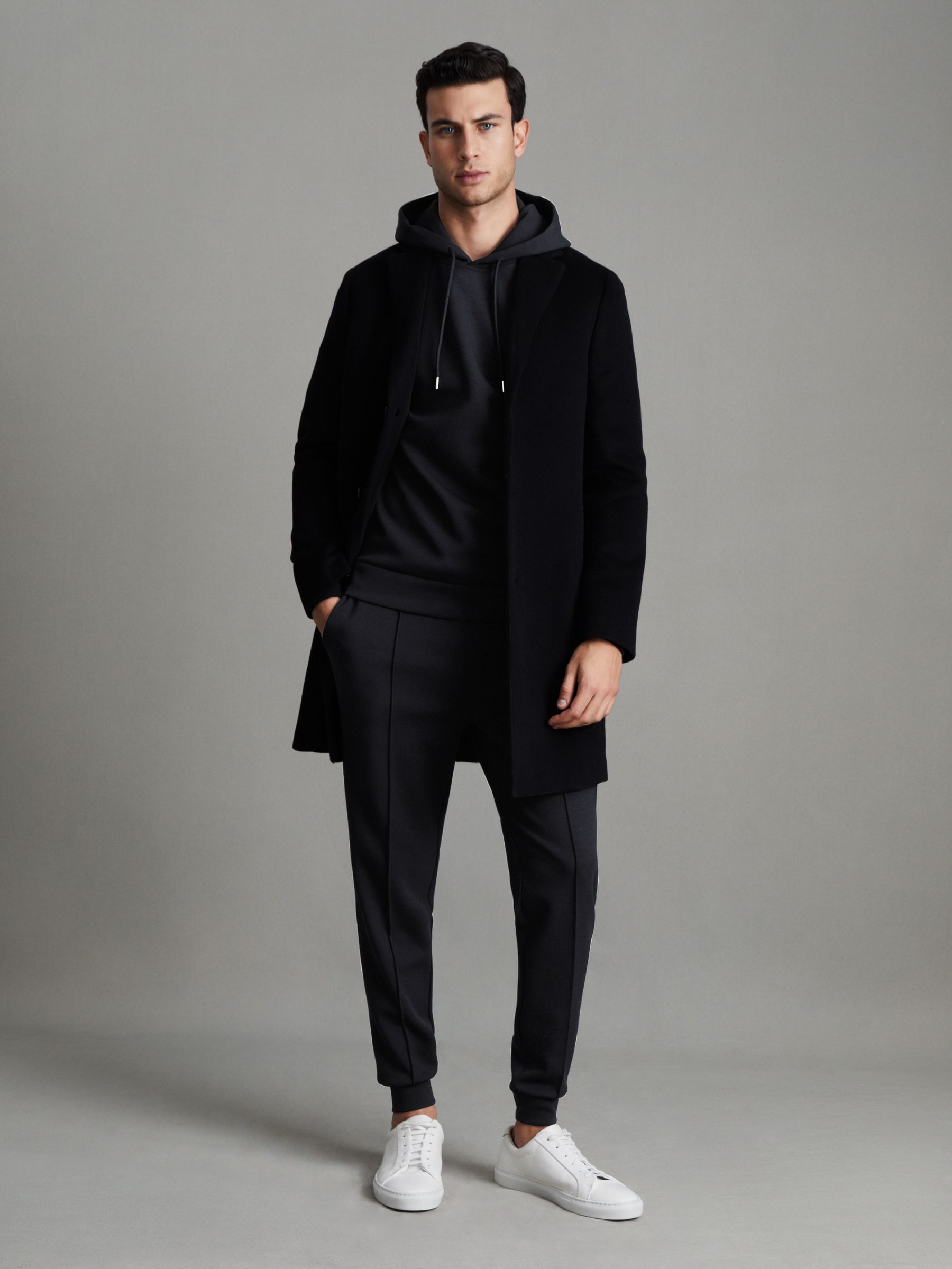 Interlock Jersey Drawstring Hoodie in Navy Blue