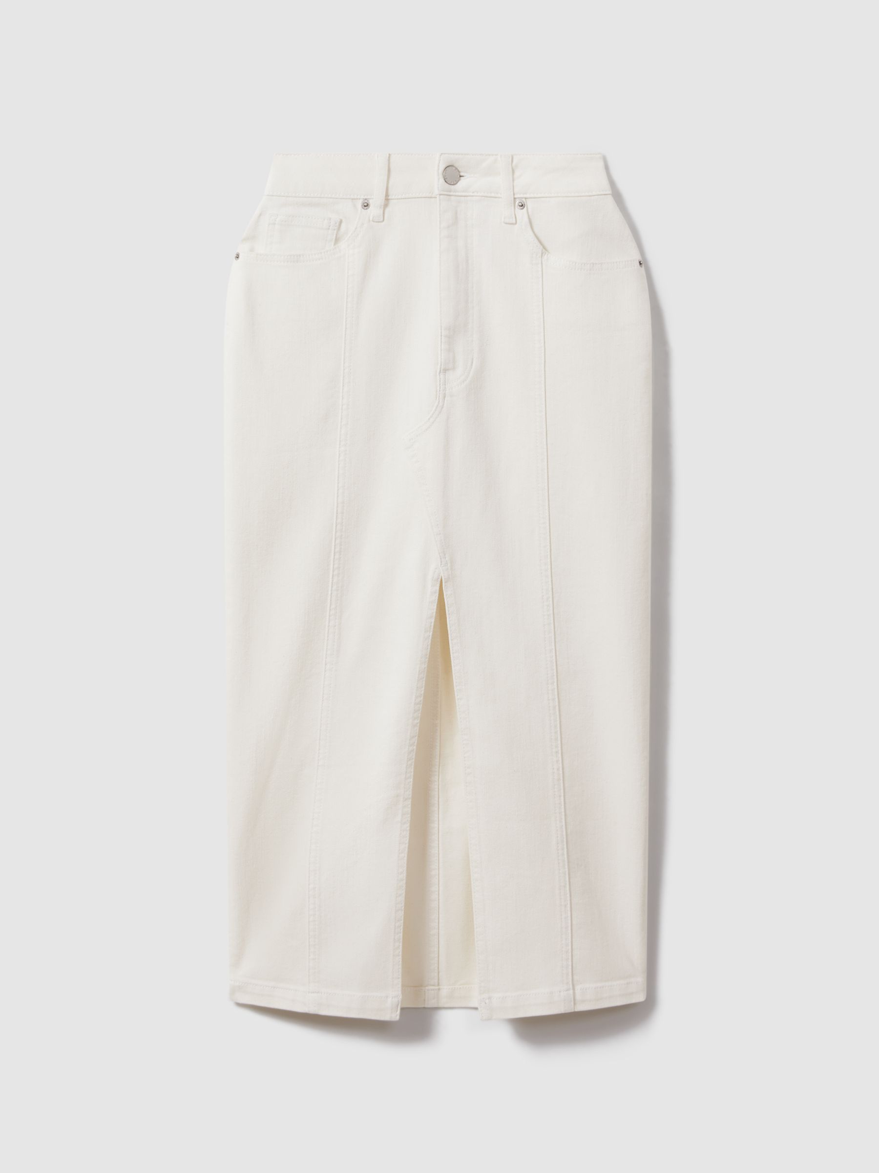 High Rise Denim Midi Skirt in Ivory