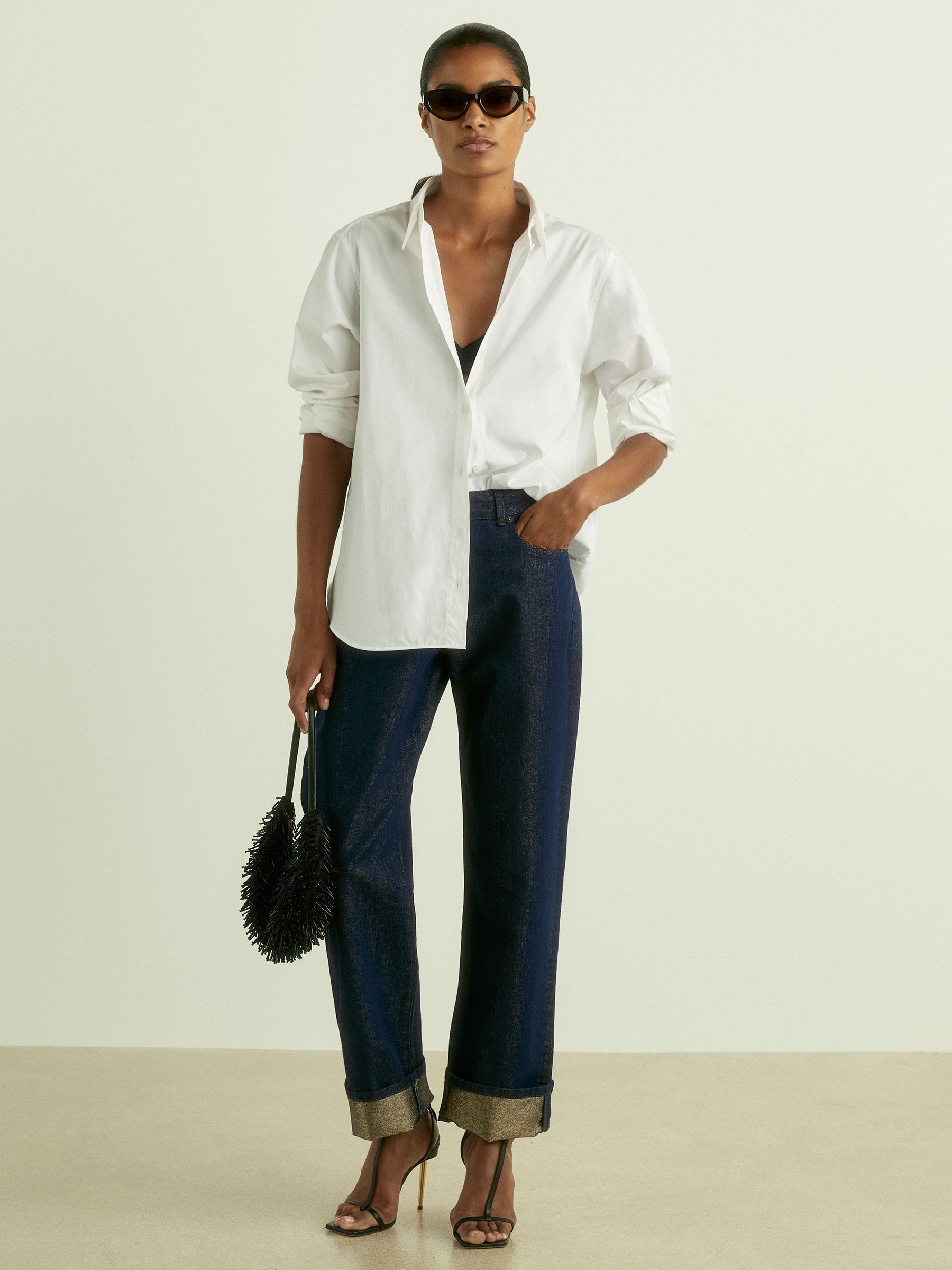 Slim-Leg Metallic-Thread Turn-Up Jeans in Indigo