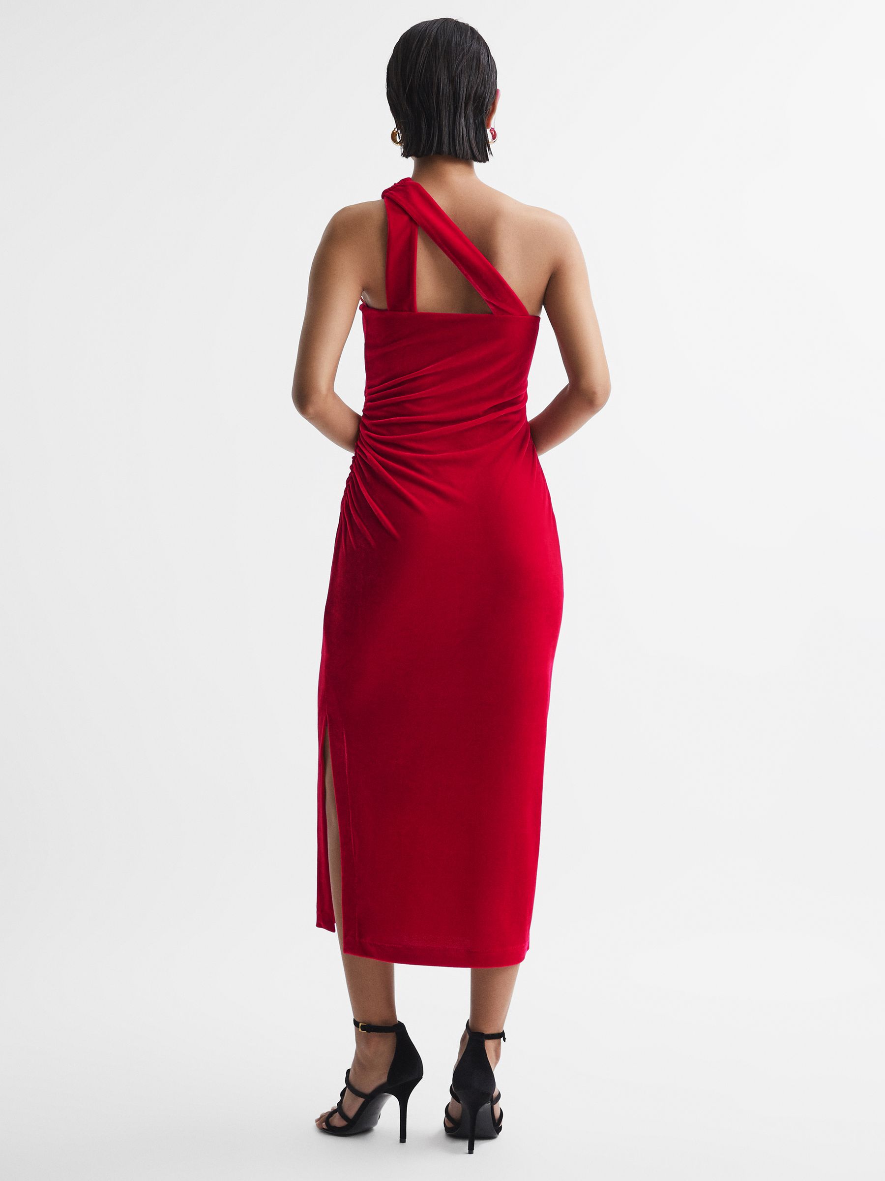 Velvet One-Shoulder Midi Dress in Red