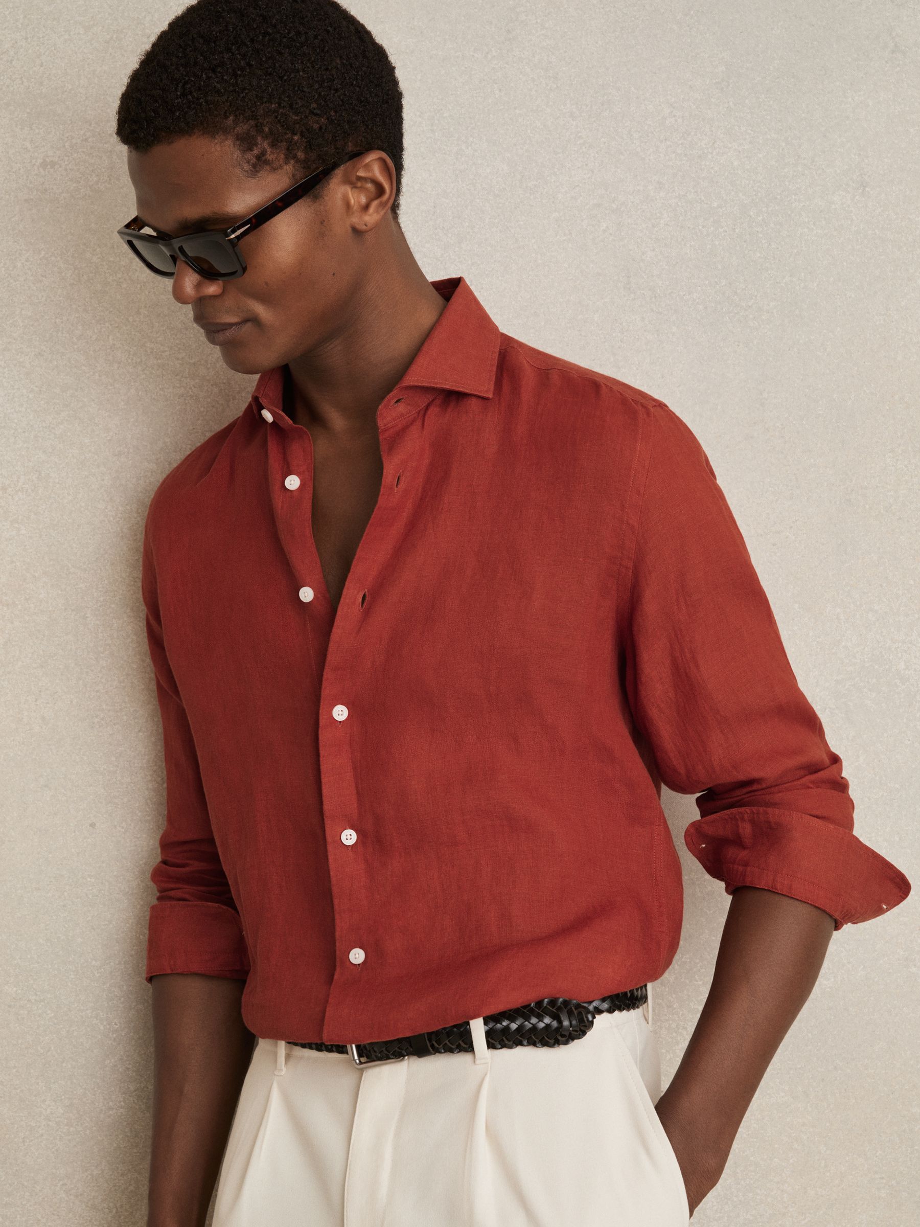 Linen Button-Through Shirt in Paprika Red