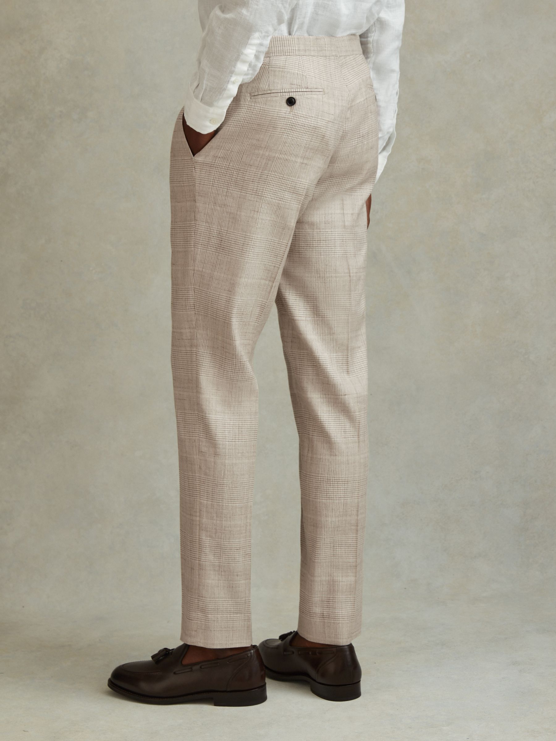 Slim Fit Linen Blend Check Trousers in Oatmeal