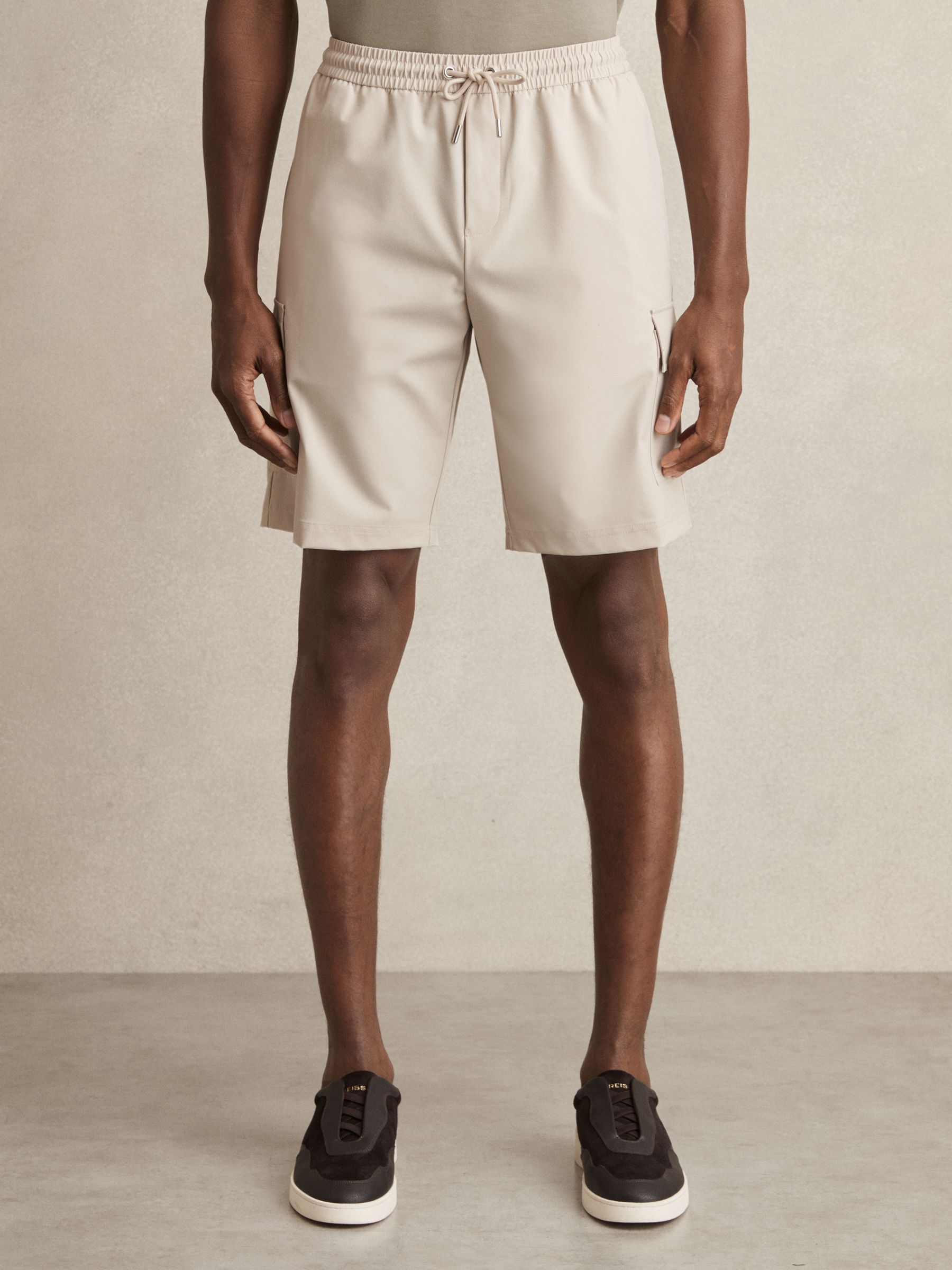 Drawstring Technical Cargo Shorts in Stone