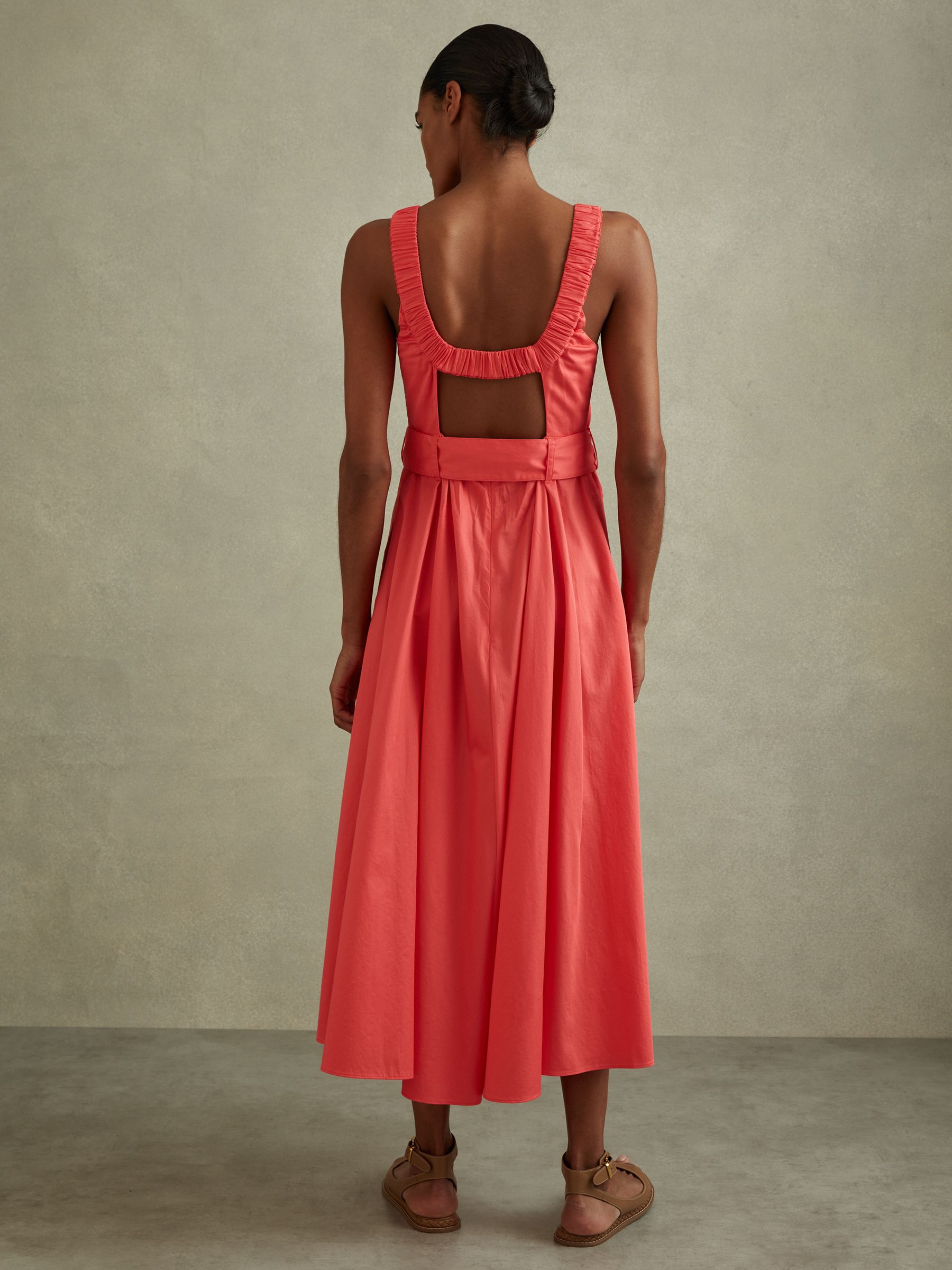 Cotton Ruched Strap Belted Midi Dress in Coral