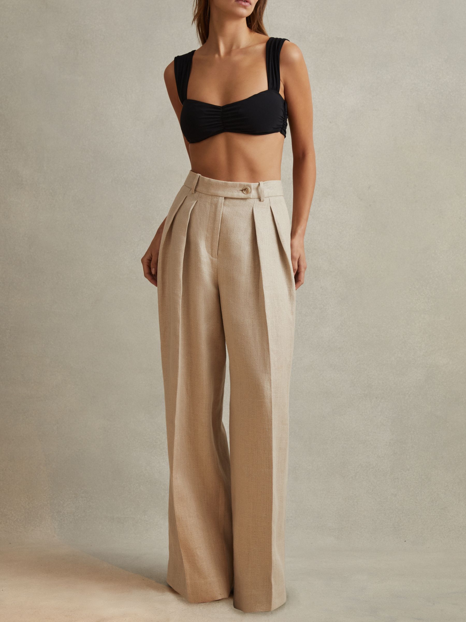 Linen Wide Leg Suit Trousers in Natural