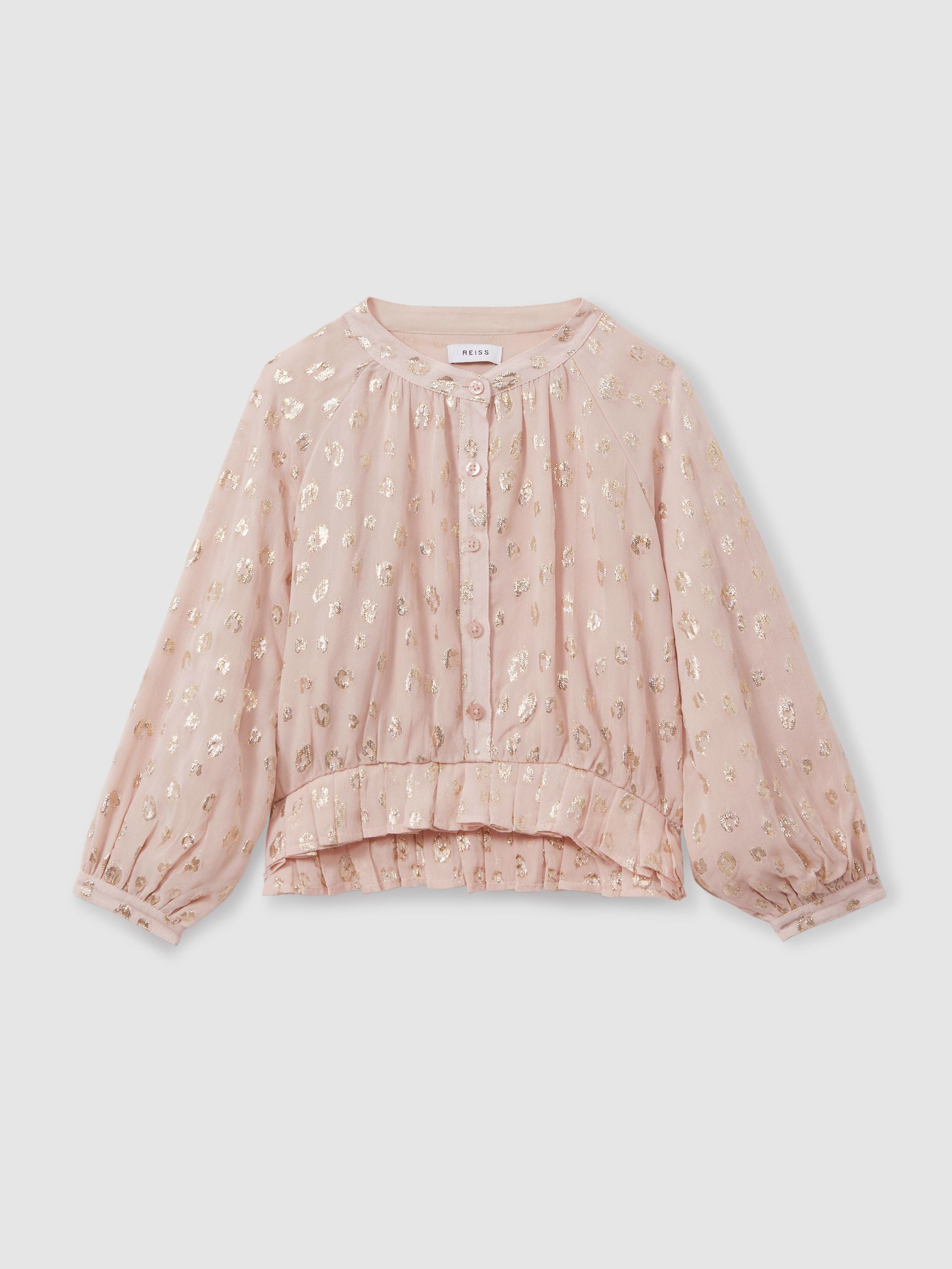9-13 yrs Metallic Print Puff Sleeve Ruffle Top in Pink