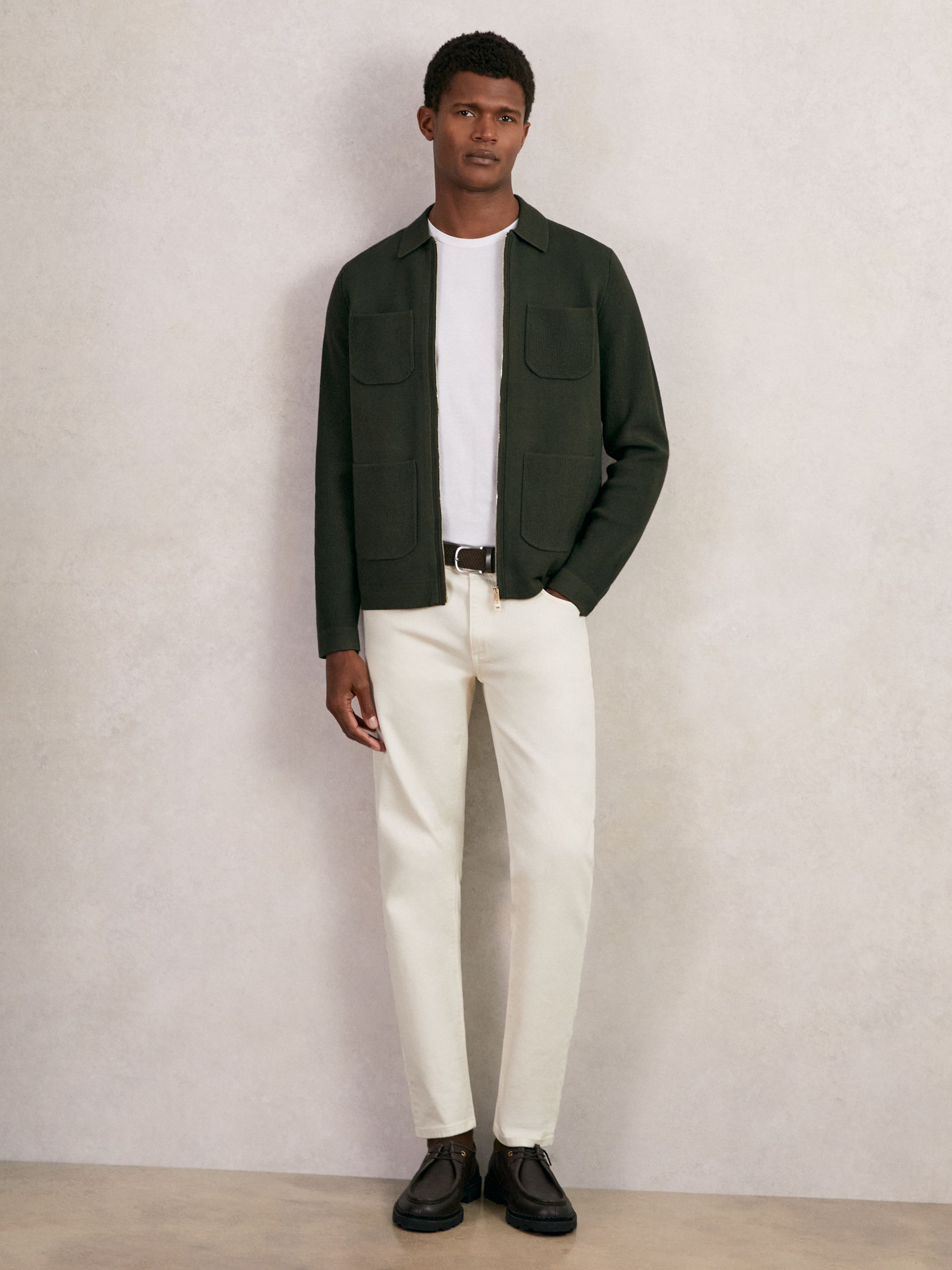 Four-Pocket Zip-Through Cardigan in Forest Green