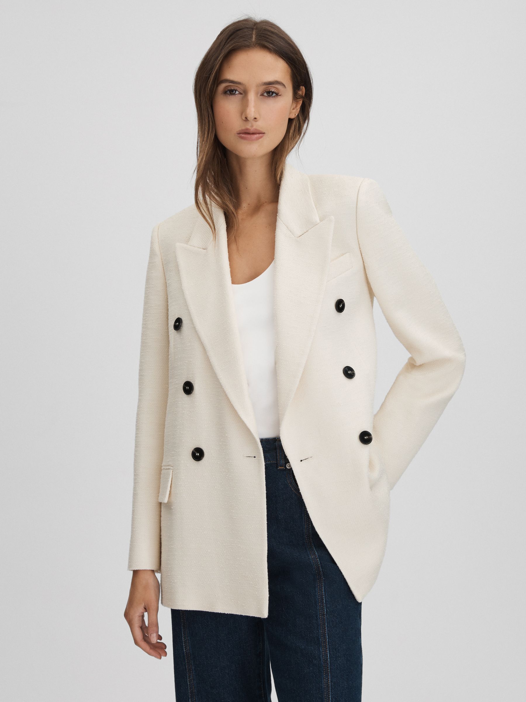 Textured Double Breasted Blazer in White
