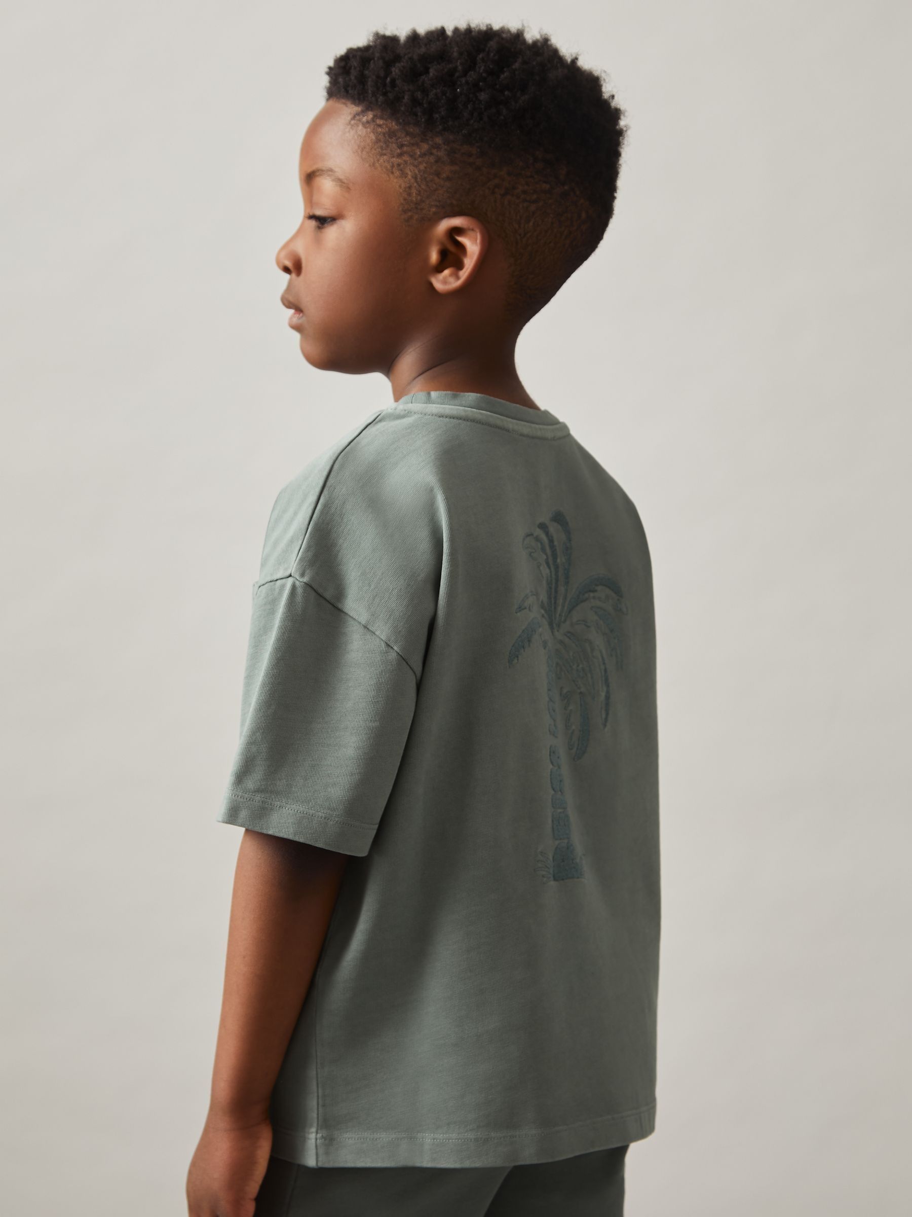 9-13 yrs Cotton Palm-Embroidery Oversize T-Shirt in Washed Sage
