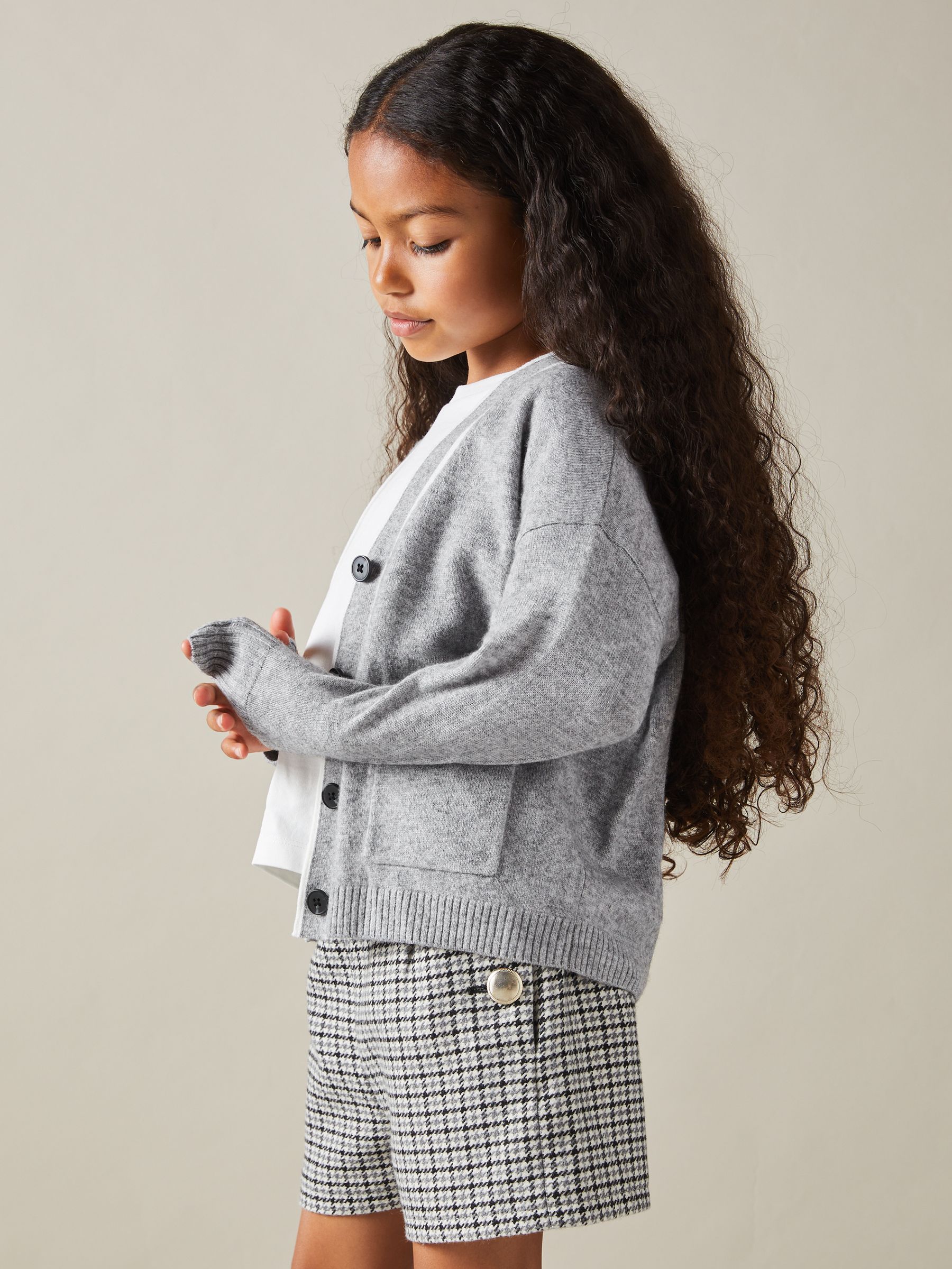 13-14 yrs Wool-Blend Stripe-Detail Cardigan With Cashmere in Grey