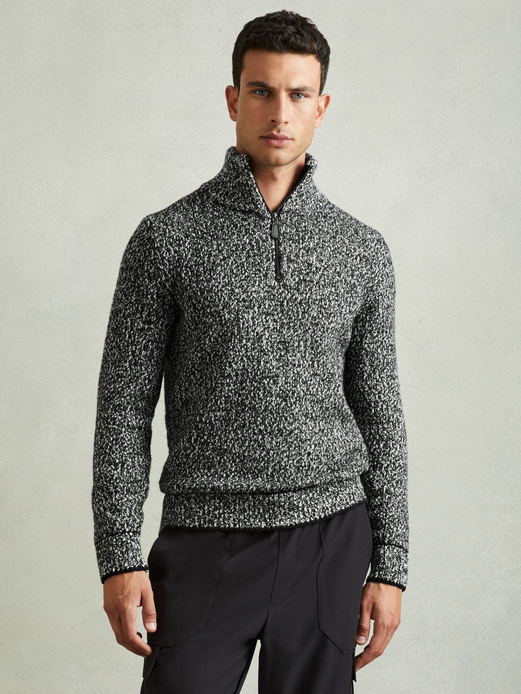 Marled Cotton and Wool Funnel-Neck Jumper in Black/White