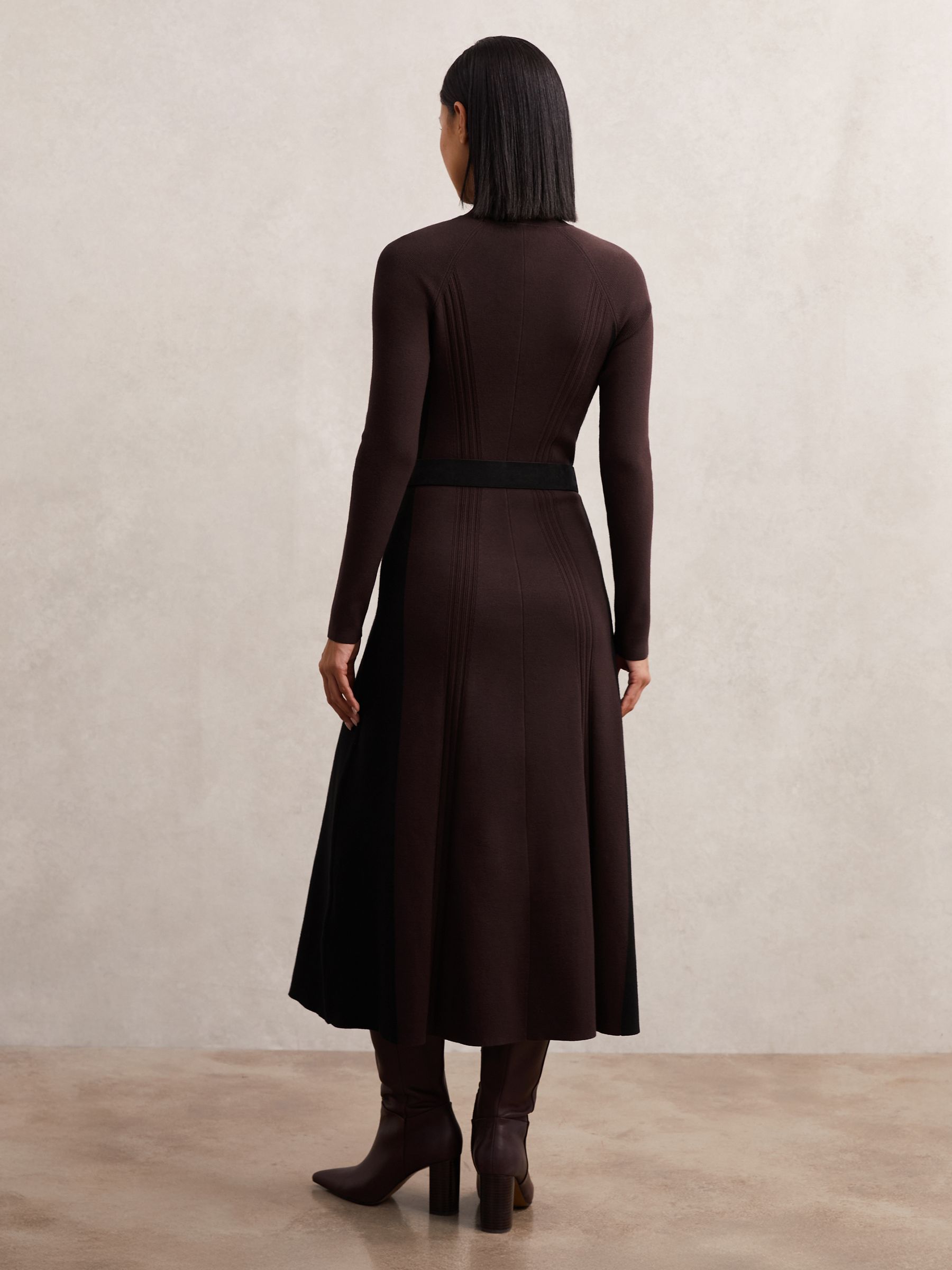 Petite Knitted Contrast-Panel Midi Dress in Plum Purple/Black