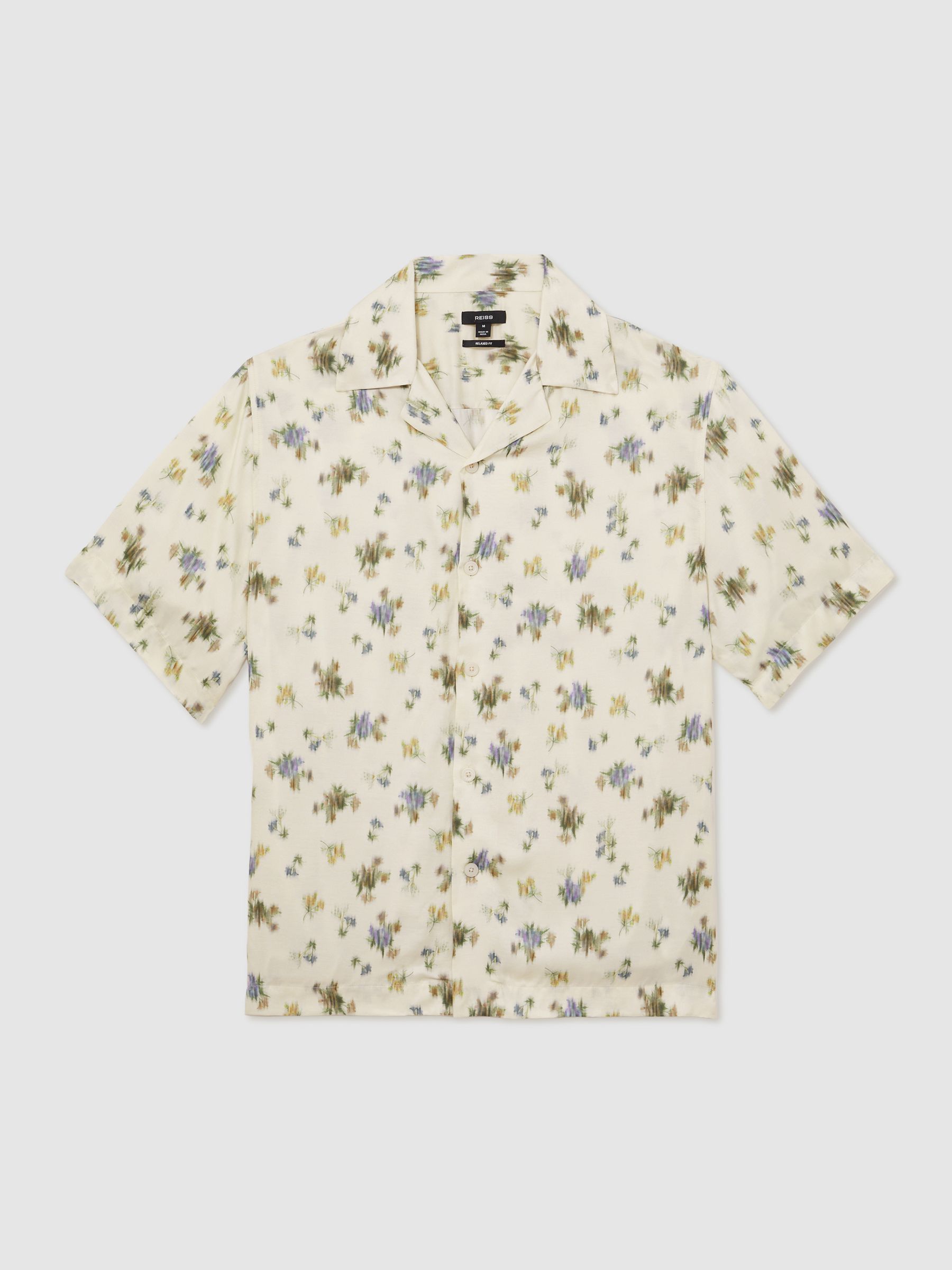 Abstract-Floral Print Cuban-Collar Shirt in Off White