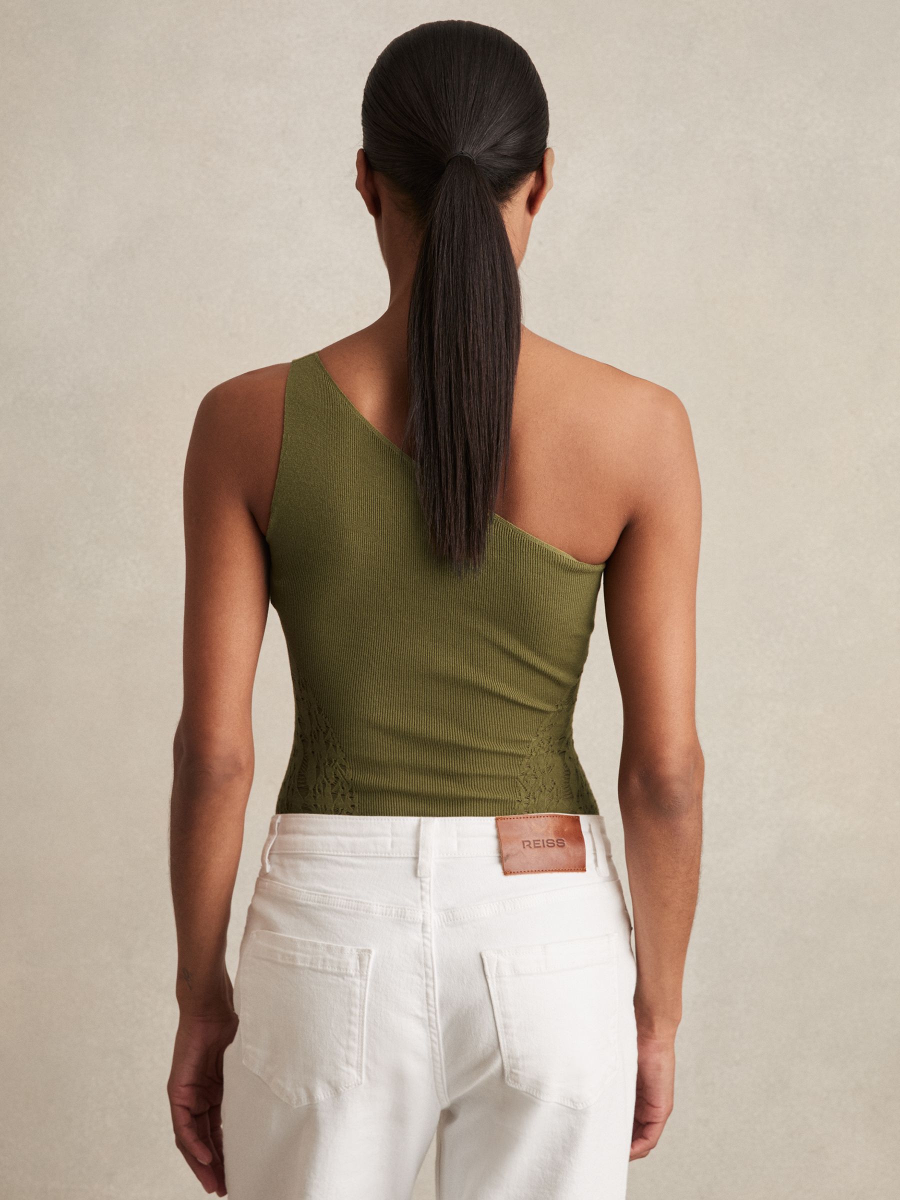 Lace-Knit Detail One-Shoulder Bodysuit in Green