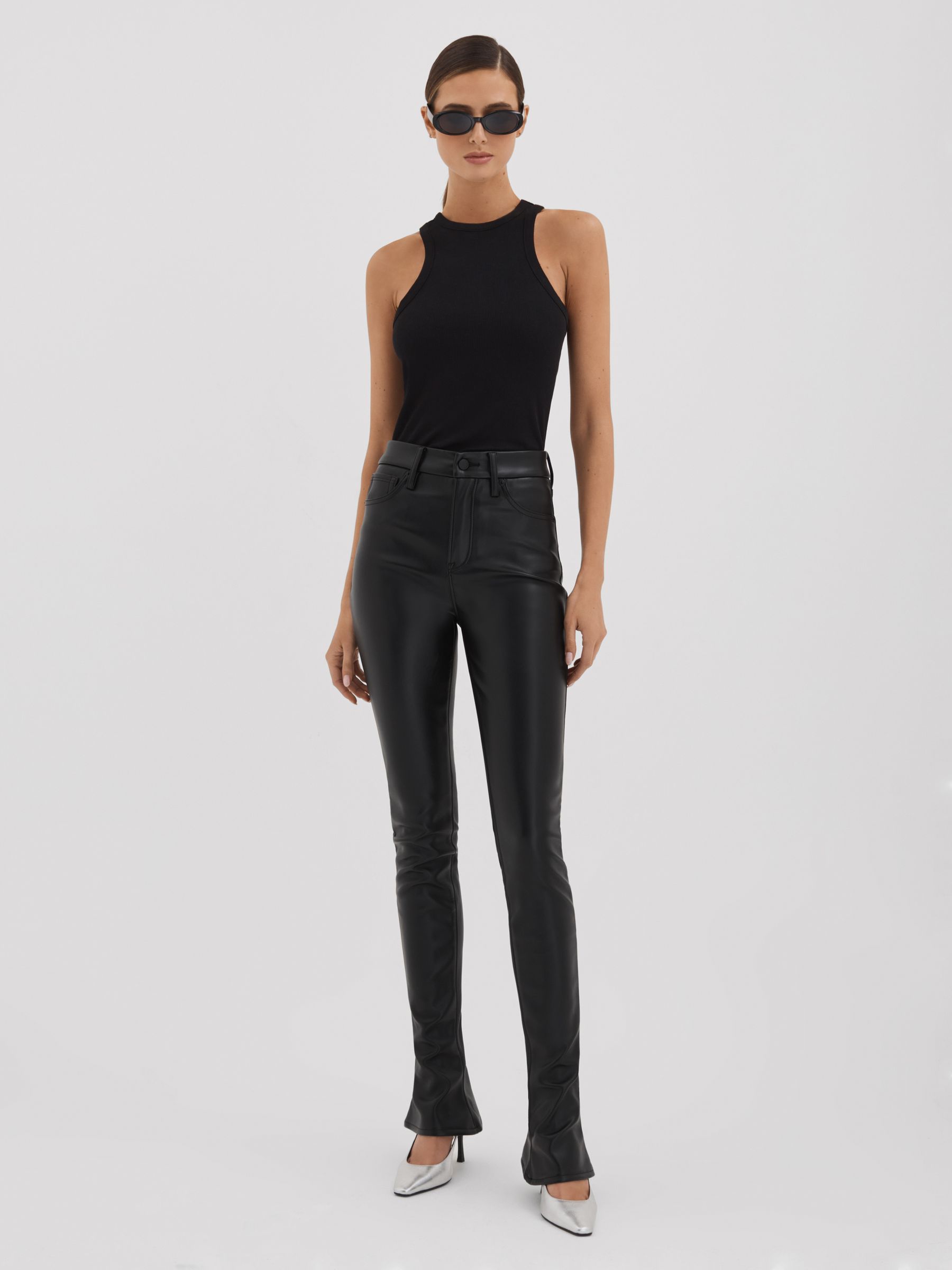 Faux Leather Slim Bootcut Trousers in Black