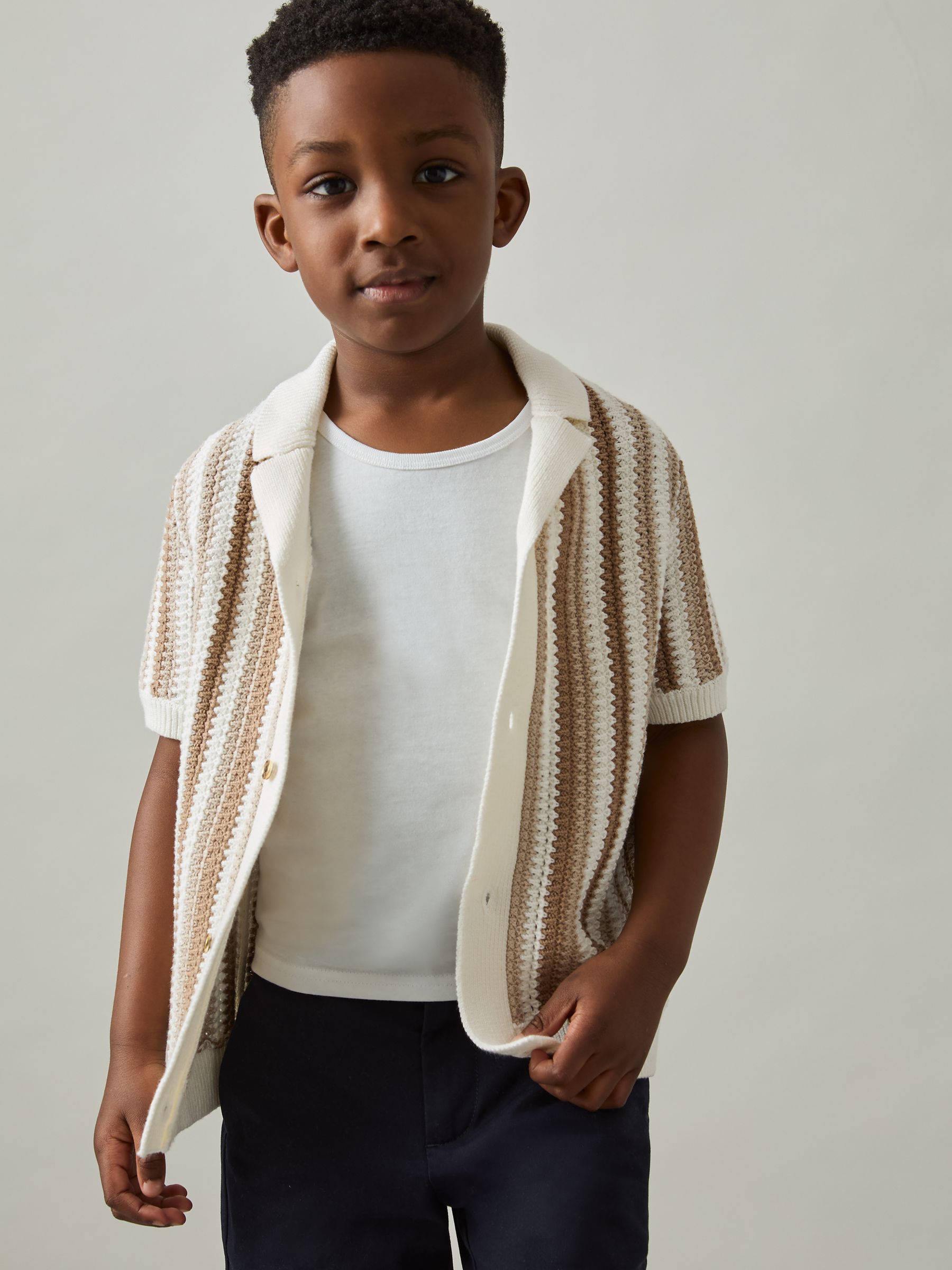 9-13 yrs Cotton Crochet Stripe Cuban Shirt in Natural