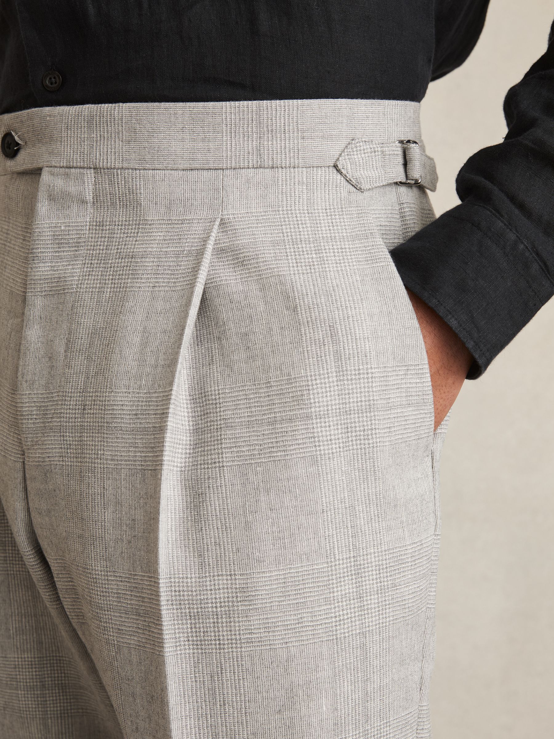 Wool-Linen Check Tapered Trousers in Soft Grey Melange