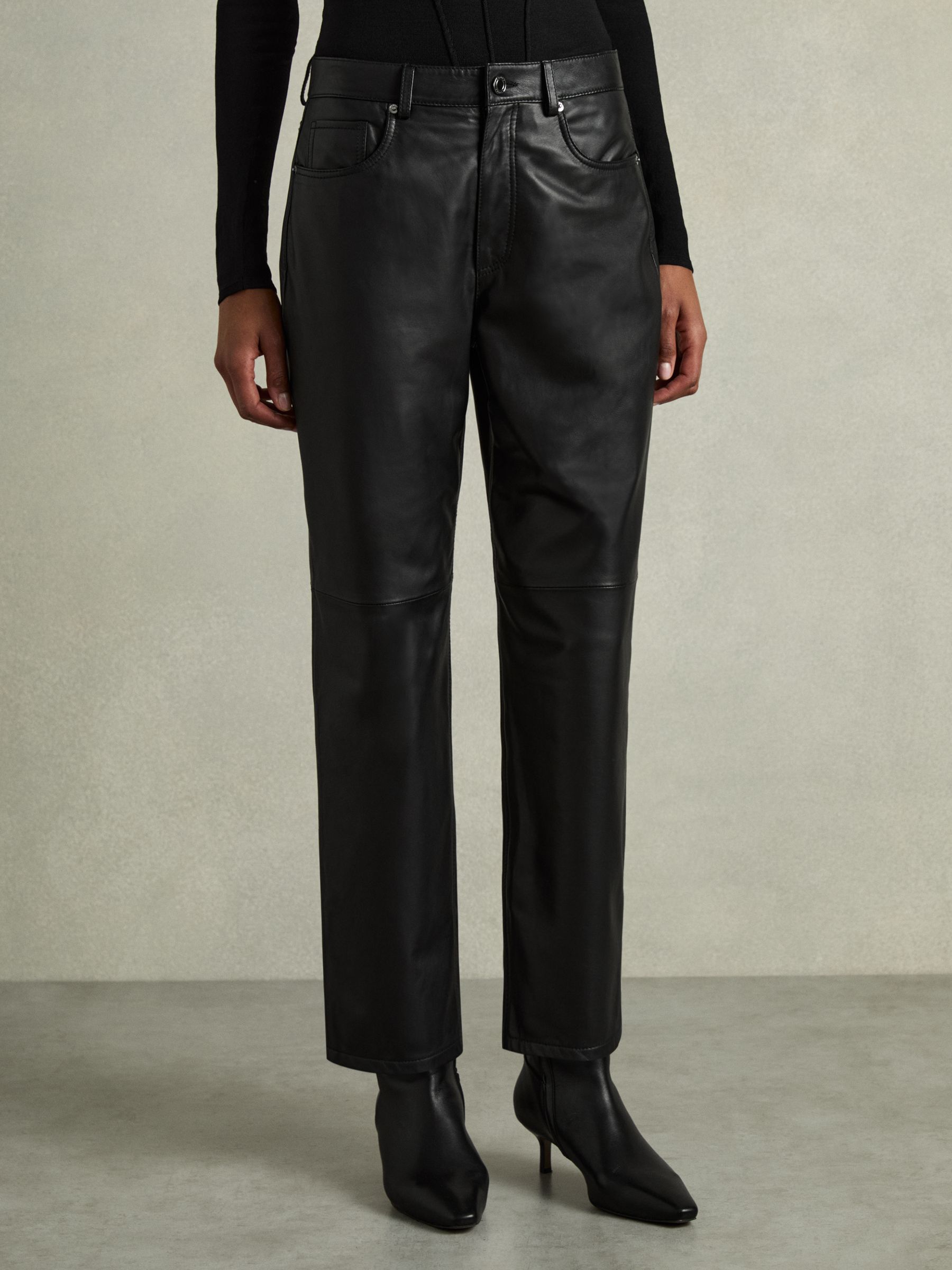 Leather Slim-Leg Trousers in Black