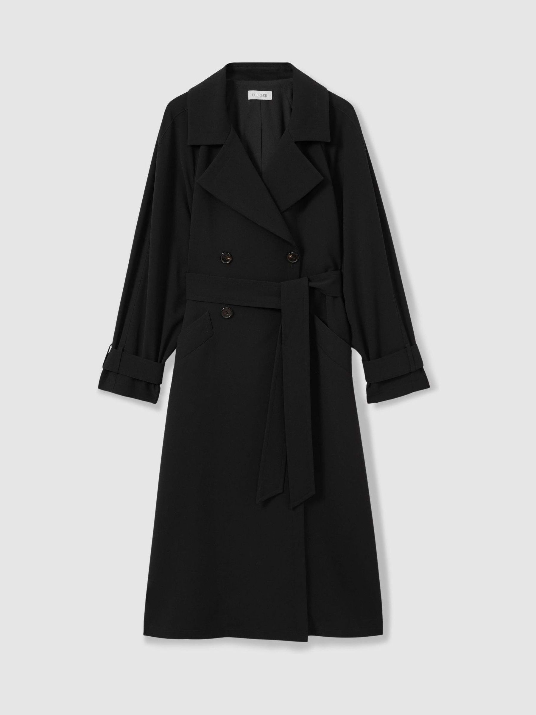 Florere Double Breasted Belted Trench Coat in Black