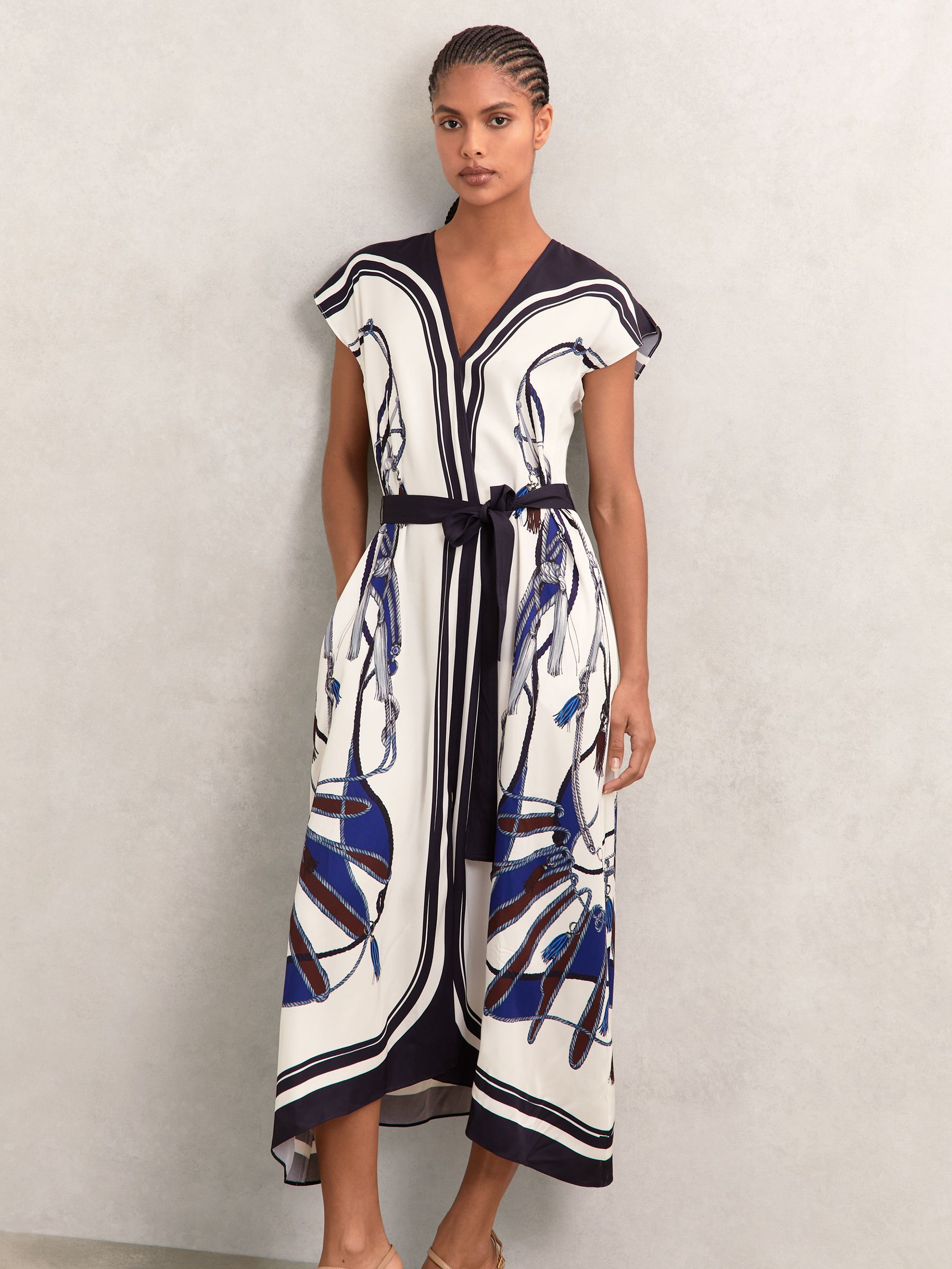 Scarf-Print V-Neck Belted Midi Dress in Blue/Brown
