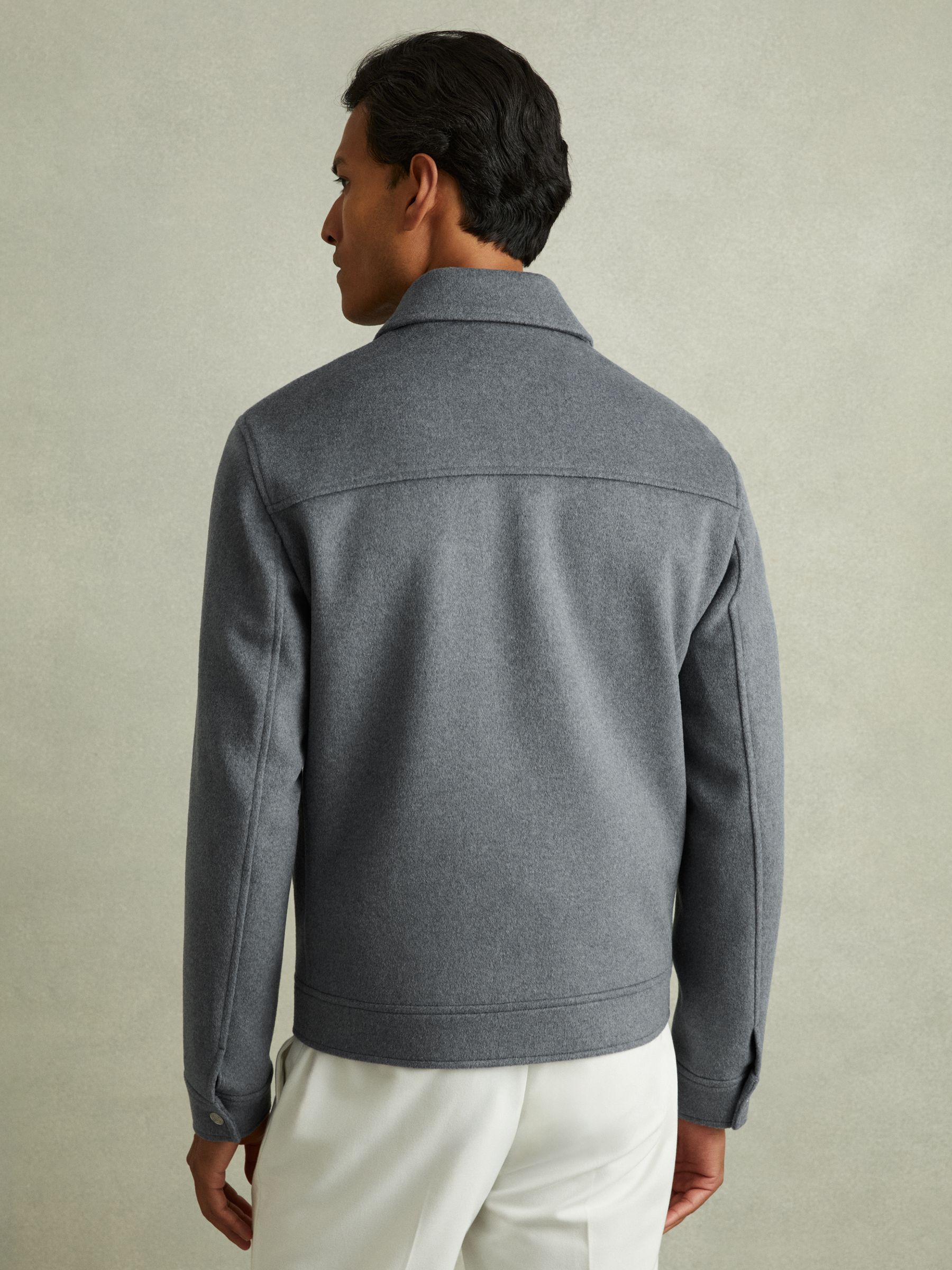 Zip-Through Trucker Jacket with Wool in Sky Blue Melange