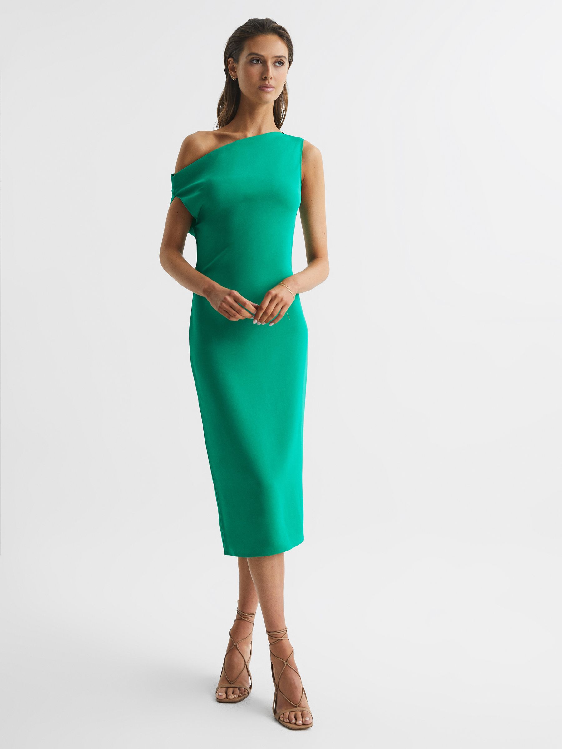 Off-Shoulder Bodycon Midi Dress in Green