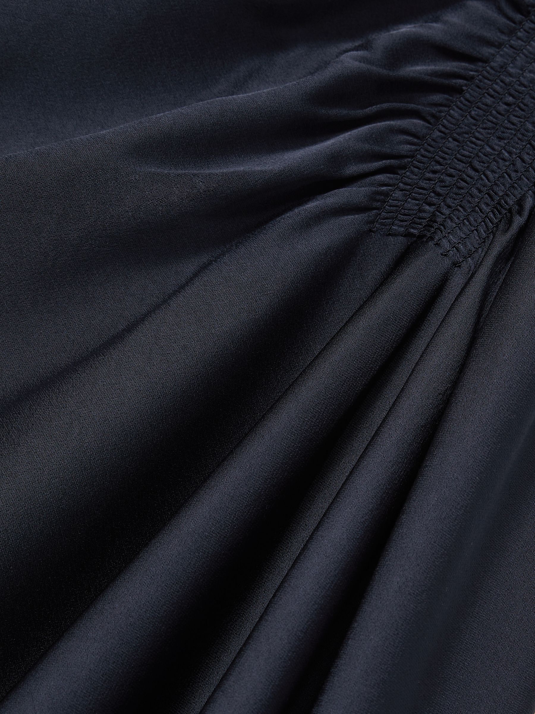 Satin Shirred Midi Dress in Navy