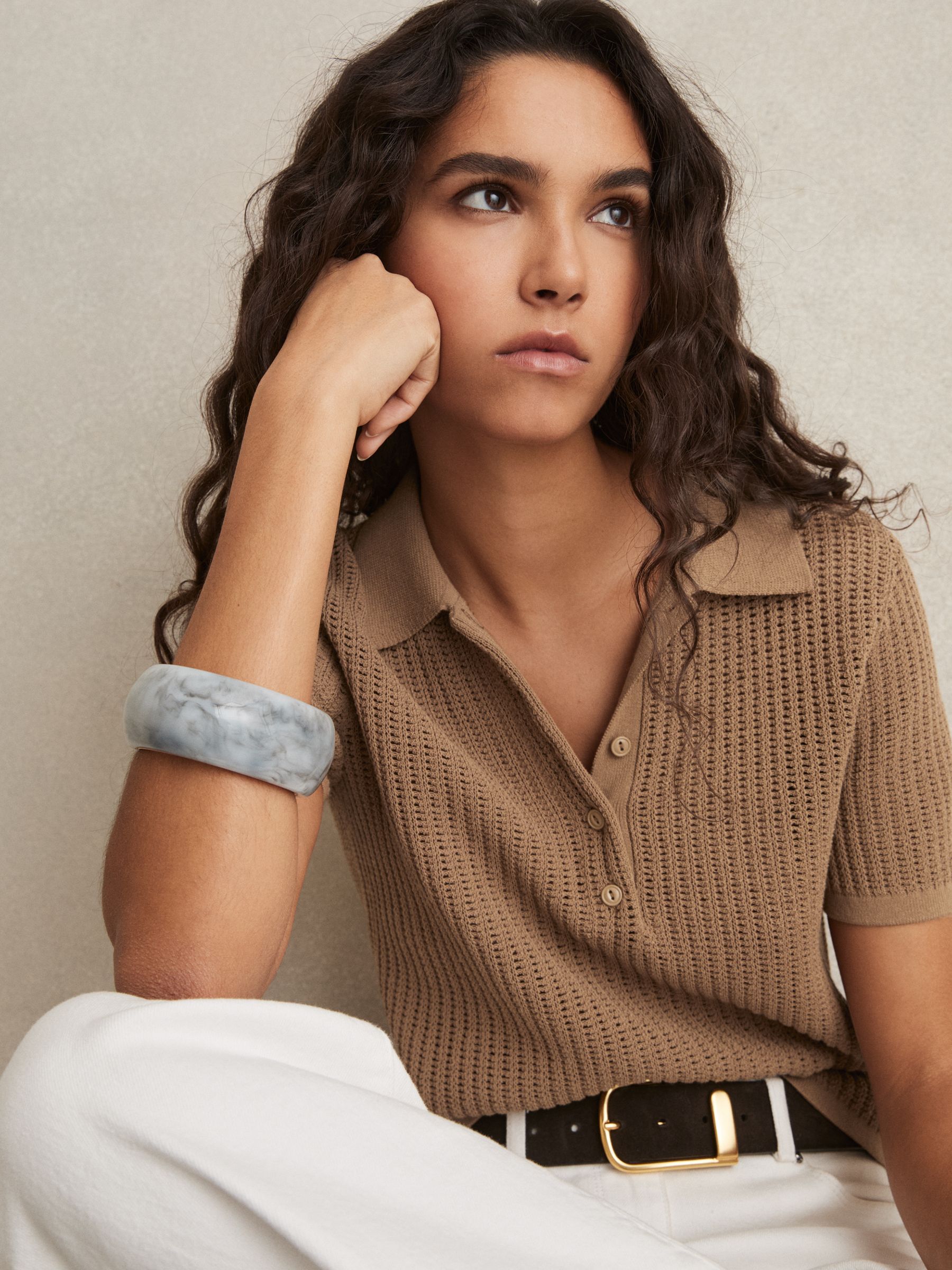 Cotton-Blend Open-Knit Polo Shirt in Tan