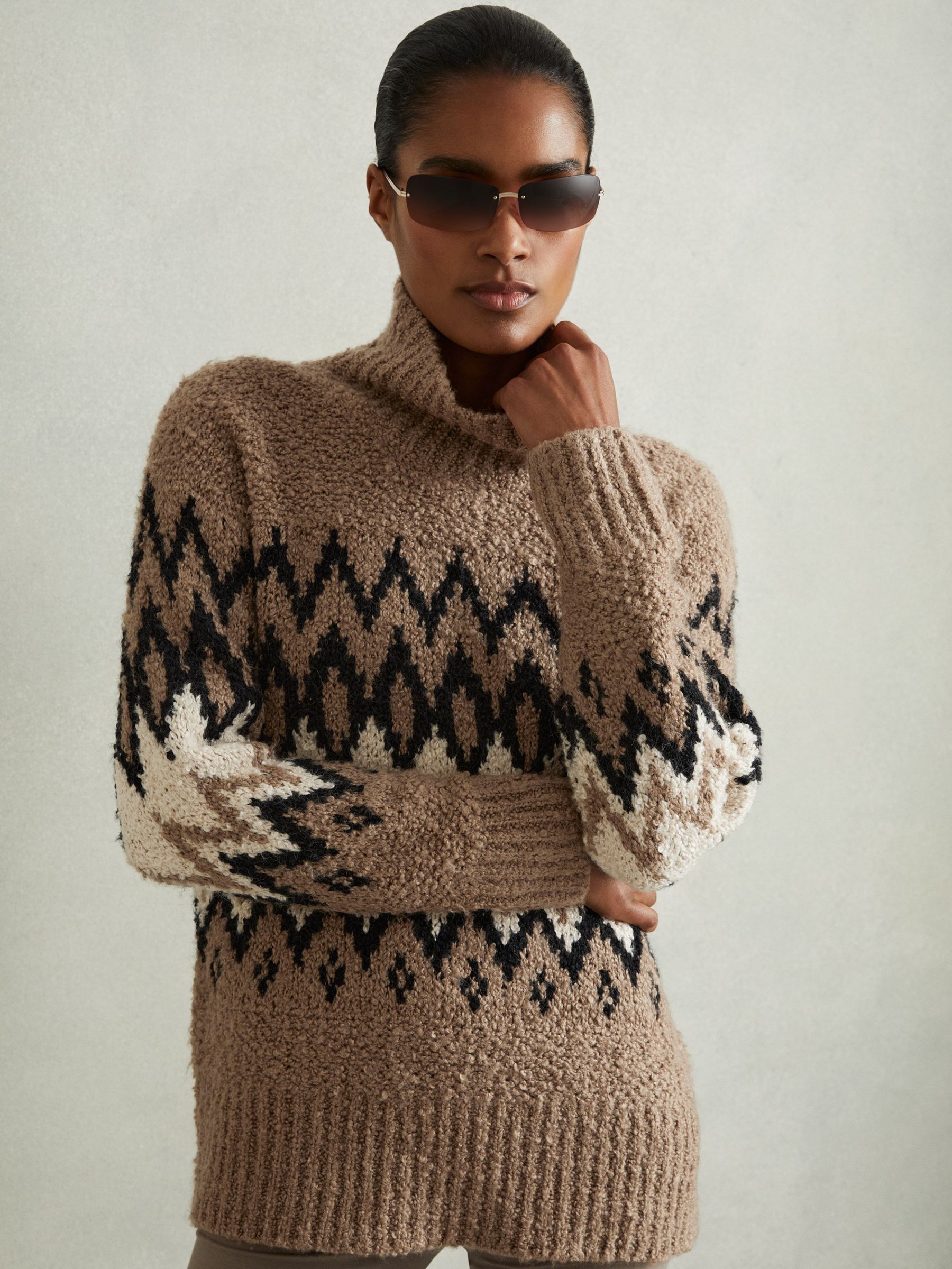 Chunky Fairisle Pattern Knit Funnel Neck Jumper in Brown