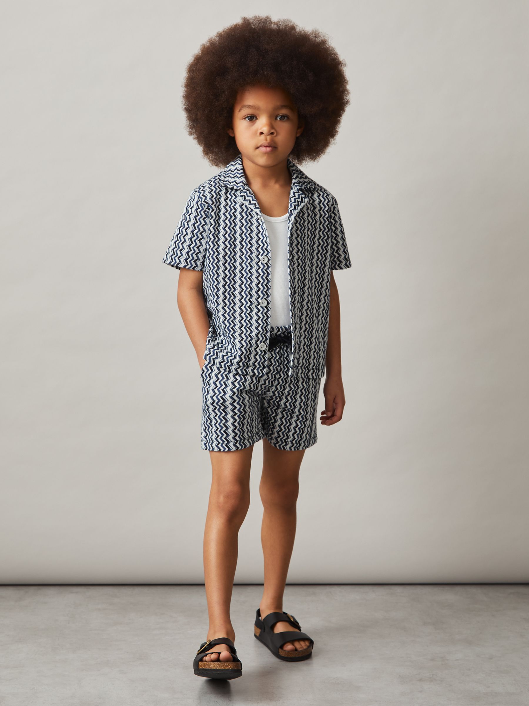 9-13 yrs Zig-Zag Knit Cuban-Collar Shirt in Blue