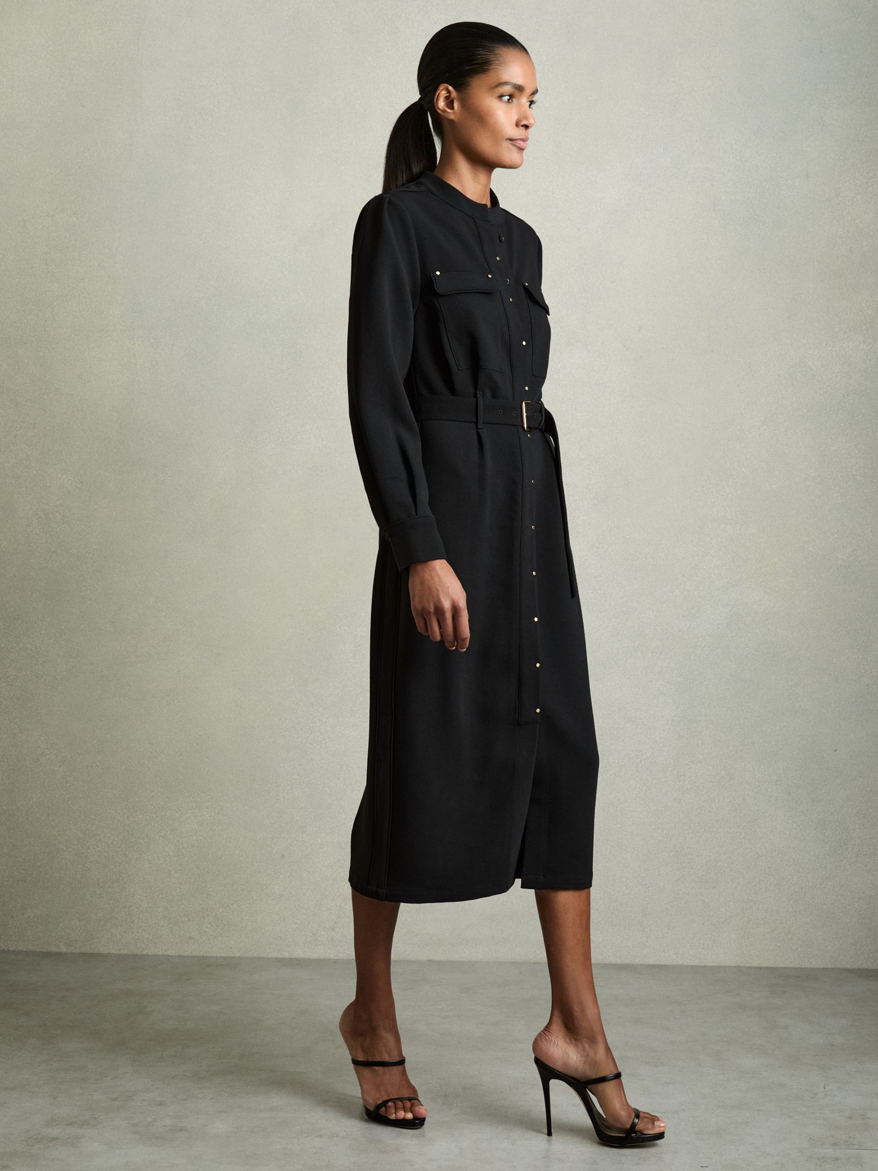 Twill Belted Shirt Dress in Black