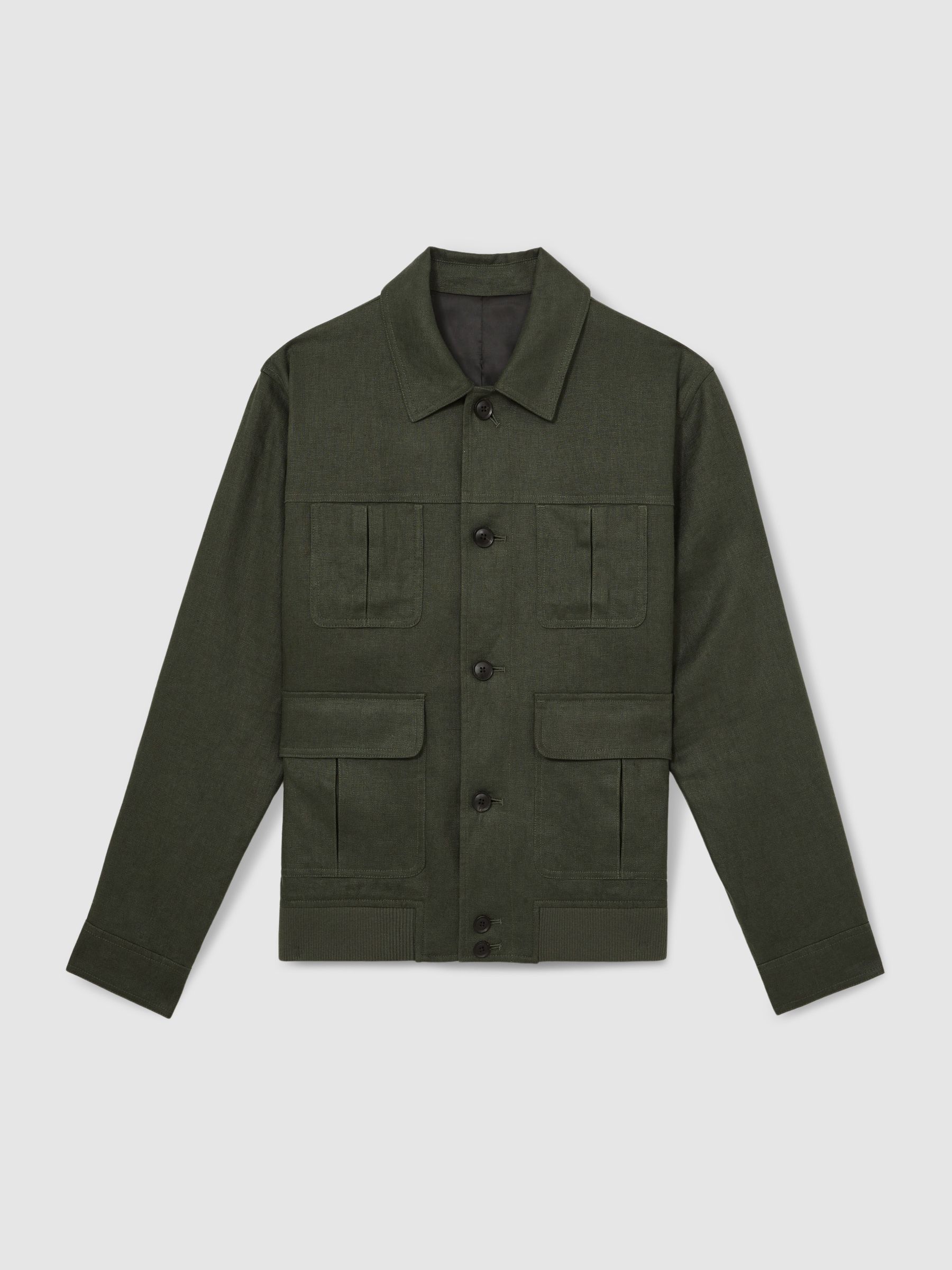 Linen Four-Pocket Jacket in Khaki Green