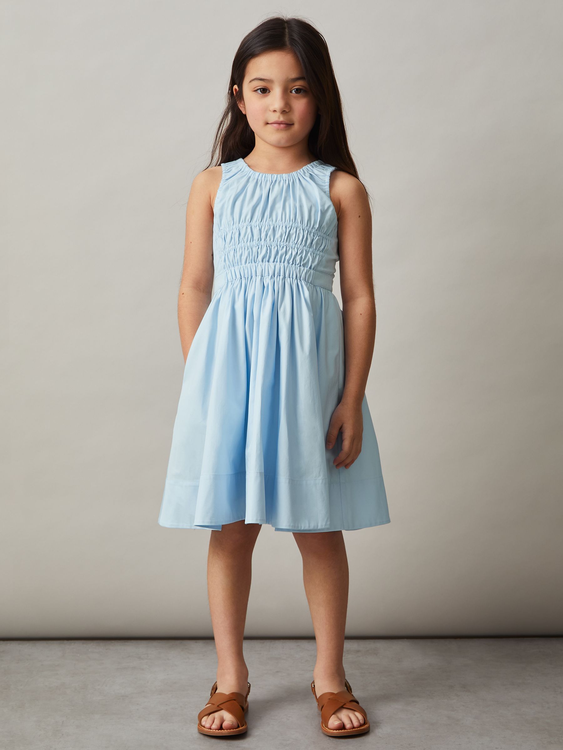4-9 yrs Cotton Shirred Sleeveless Dress in Blue