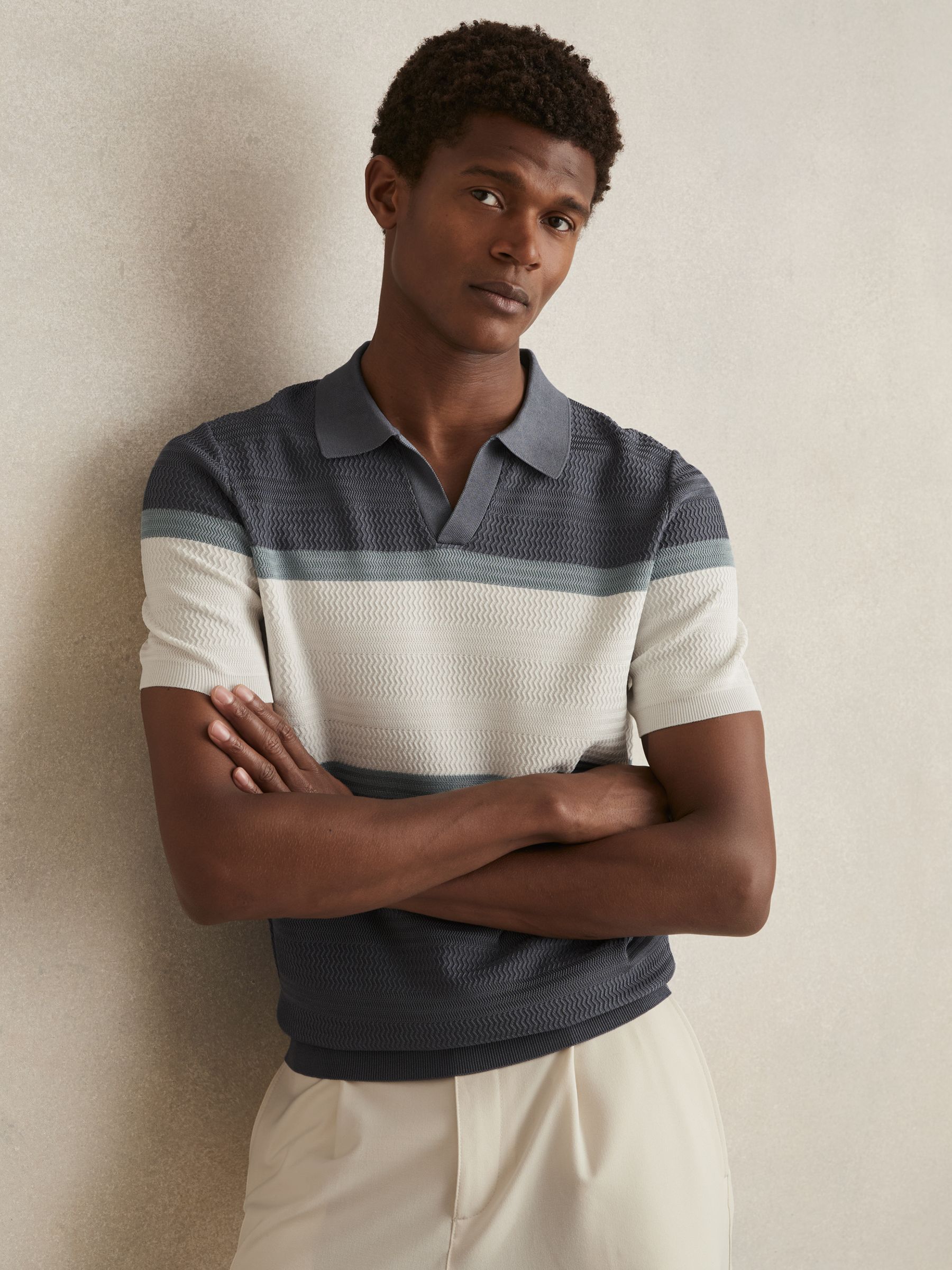 Textured Knit Stripe Polo Shirt in Airforce Blue