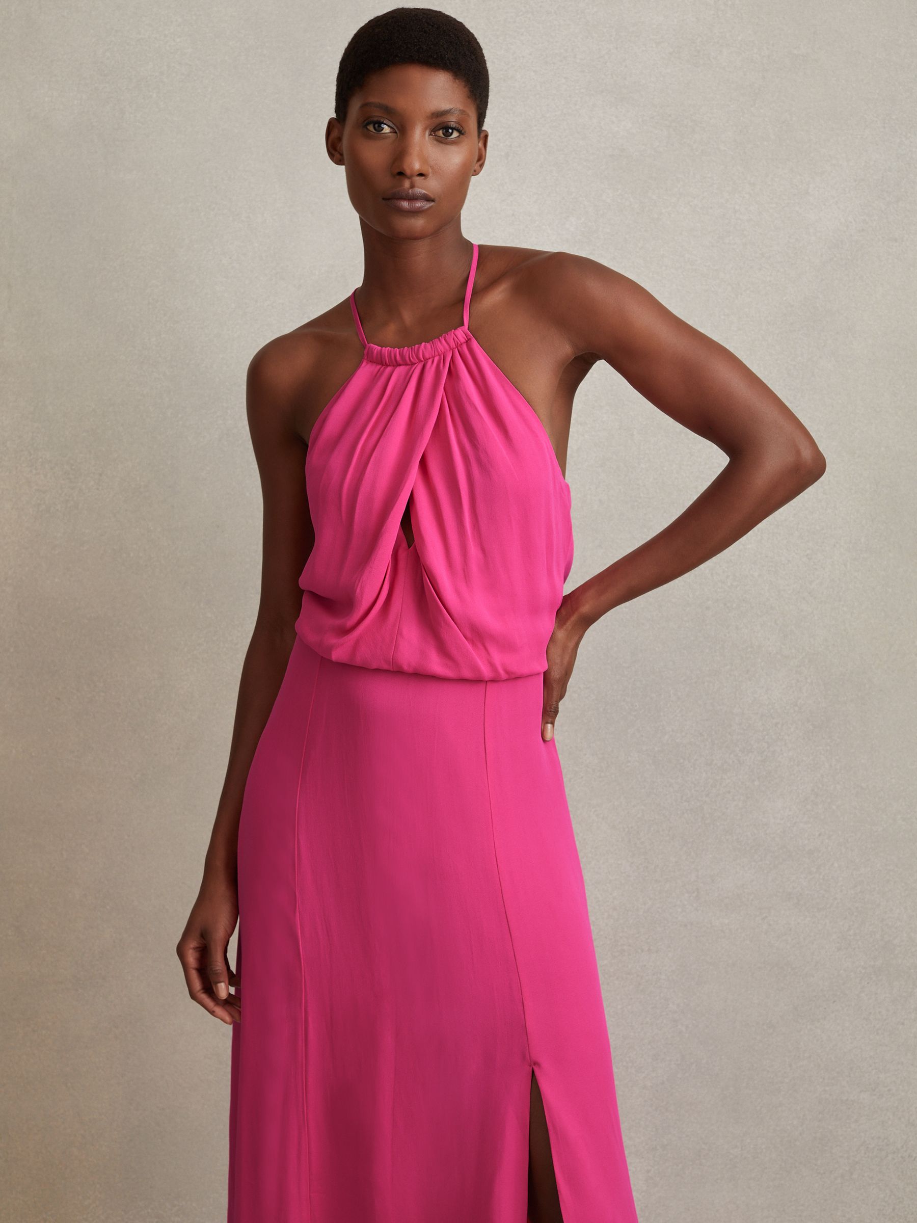 Drape Front Midi Dress in Pink
