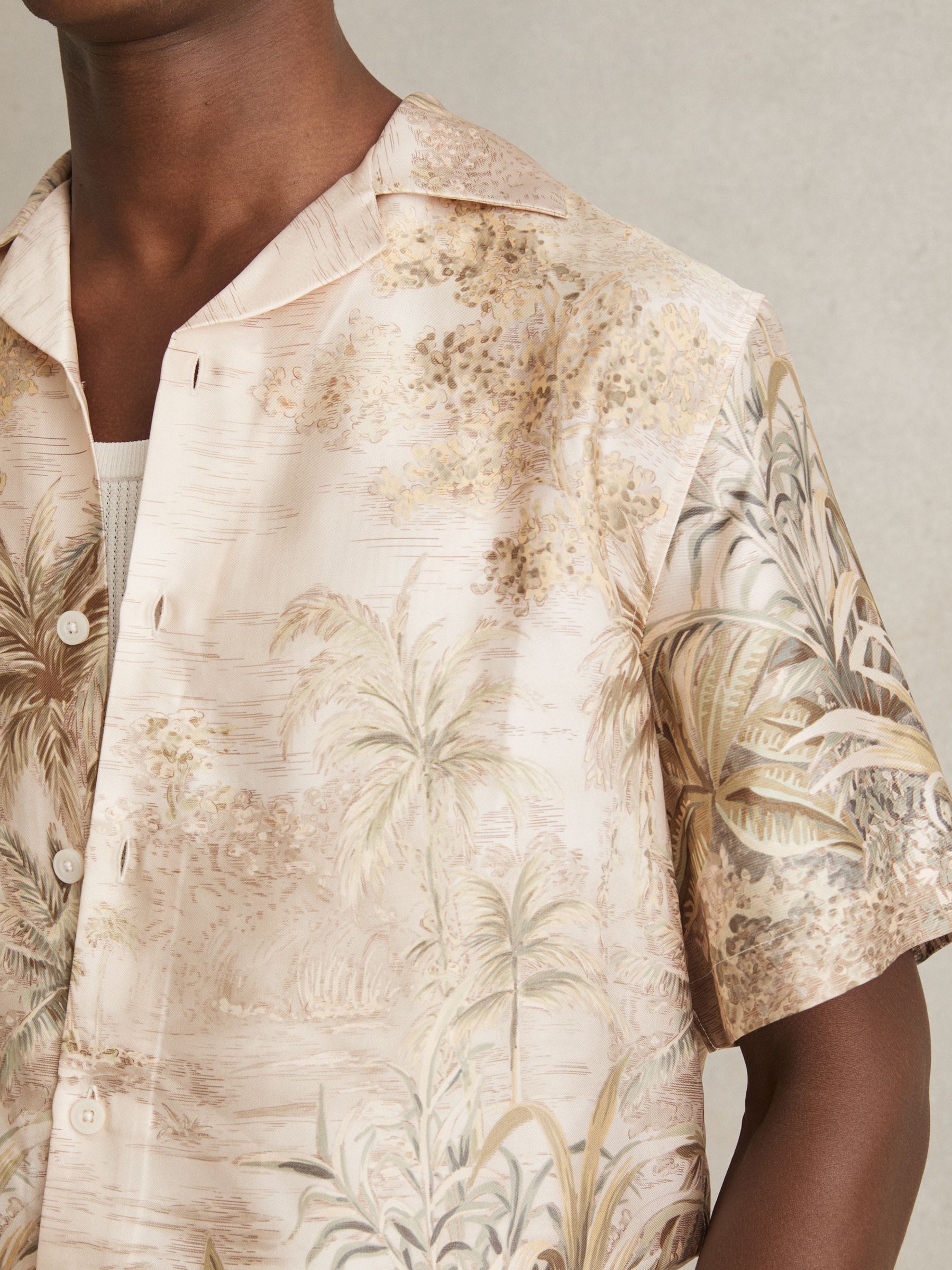 Jungle Print Cuban-Collar Shirt in Soft Sage Green