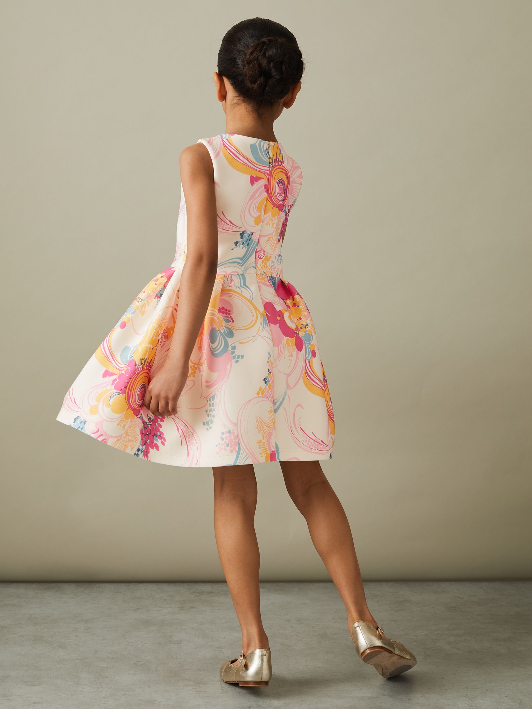 9-13 yrs Pleated Scuba Dress in Pink Print