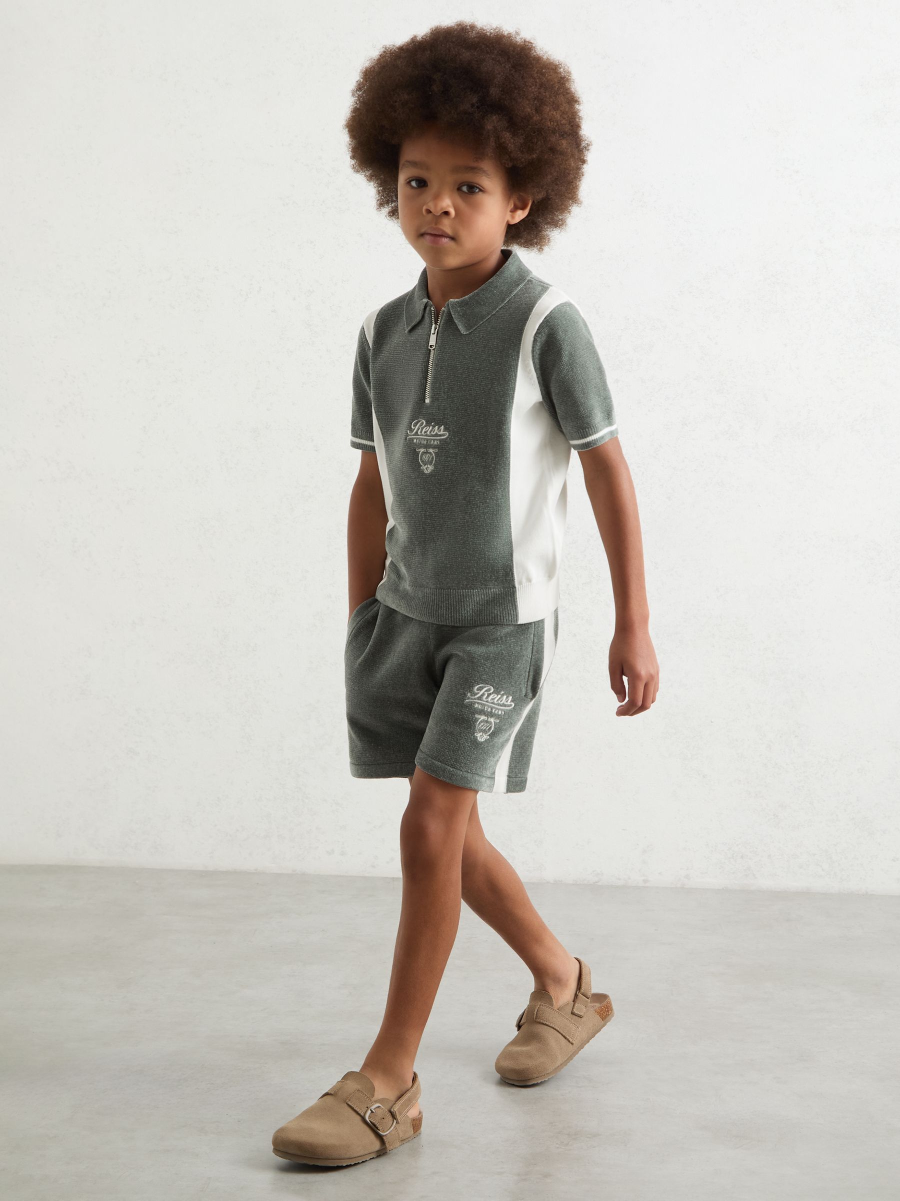 3-9 yrs Chenille Tipped Motor Cars Polo Shirt in Dark Sage Green/White