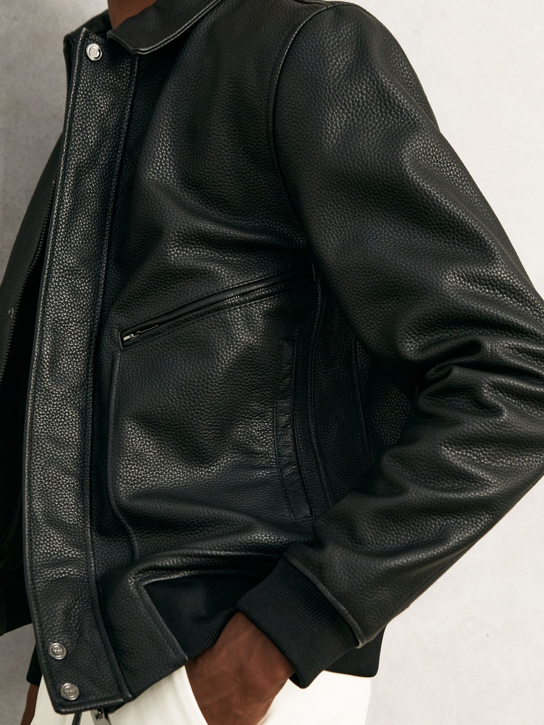 Grained Leather Zip Through Jacket in Black