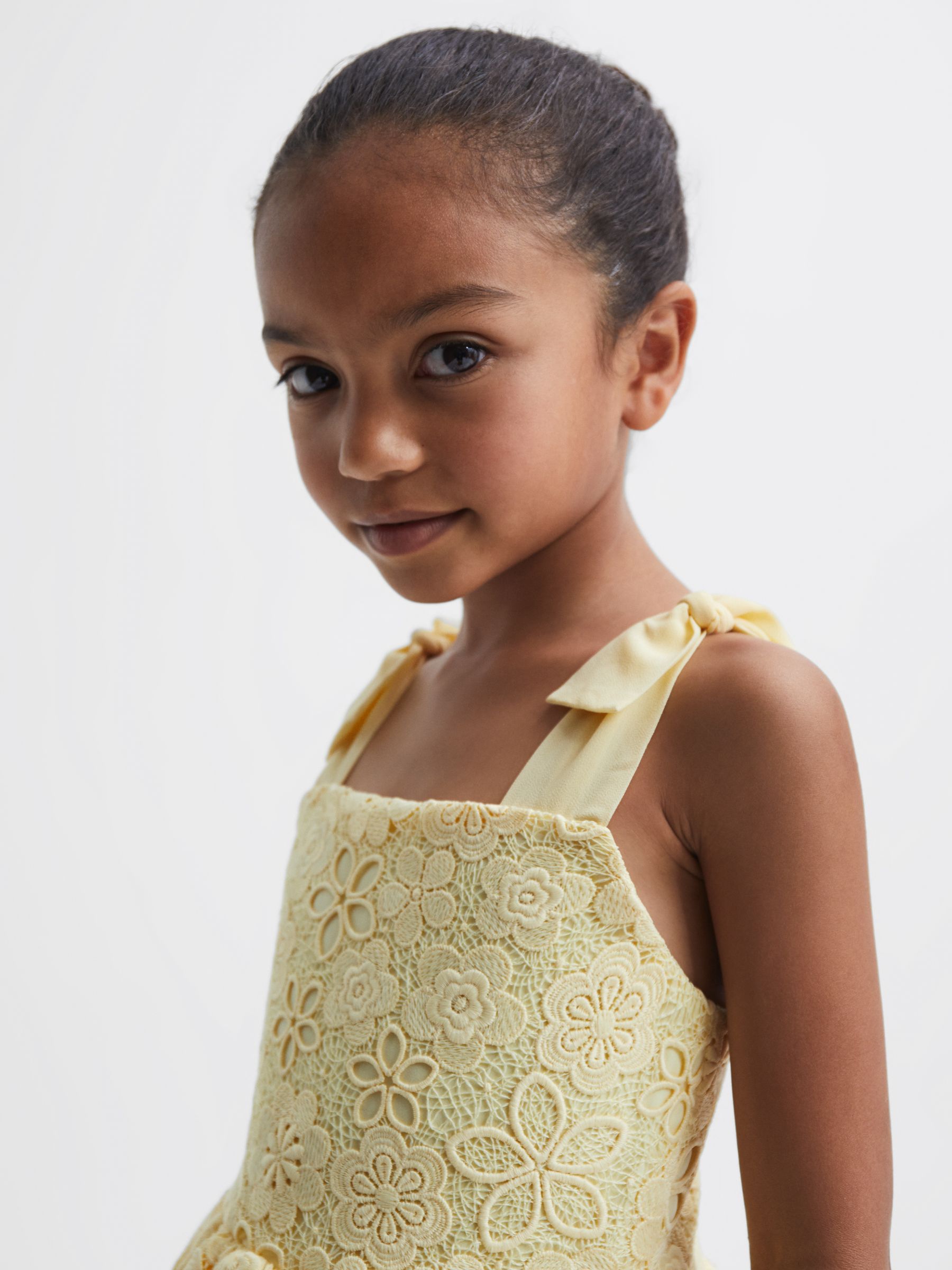 9-12 yrs Bow Strap Lace Dress in Lemon